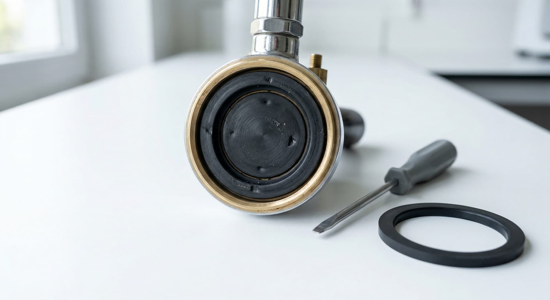 Close-up of espresso machine group head showing rubber group gasket — worn gasket removed beside new replacement gasket for comparison, with flathead screwdriver on white surface