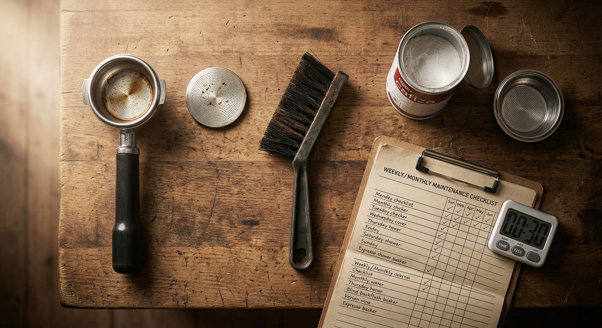 Espresso machine maintenance kit: cleaning powder tin, blind backflush basket, group head brush, shower screen, portafilter basket, and a maintenance schedule checklist on a wooden barista counter