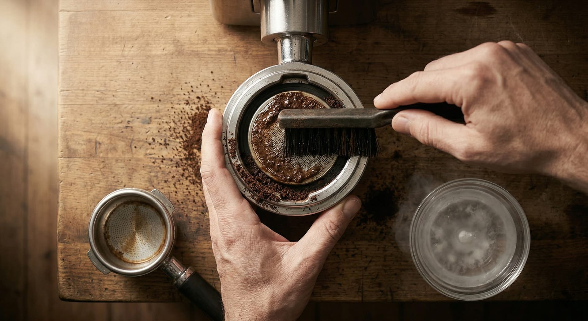 Barista hands scrubbing espresso machine group head with a brush during monthly maintenance session — shower screen, cleaning powder bowl, and portafilter visible on wooden counter