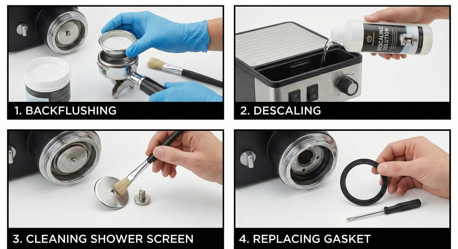Espresso machine maintenance tools and supplies including descaling solution, backflush cleaning tablets, group gasket replacements, portafilter brush, steam wand cleaner, and water filter system from long-term testing protocols ensuring 10-15+ year machine lifespan