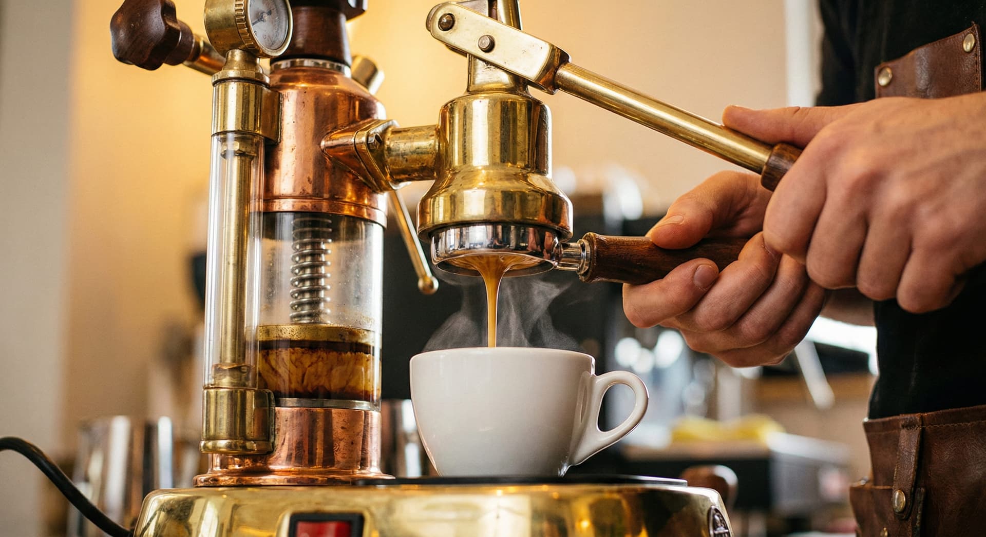 Classic manual lever espresso machine with brass boiler and chrome accents showing spring-lever mechanism pulling artisanal espresso shot with pressure profiling control, traditional Italian design from barista training demonstrations with 200+ professionals