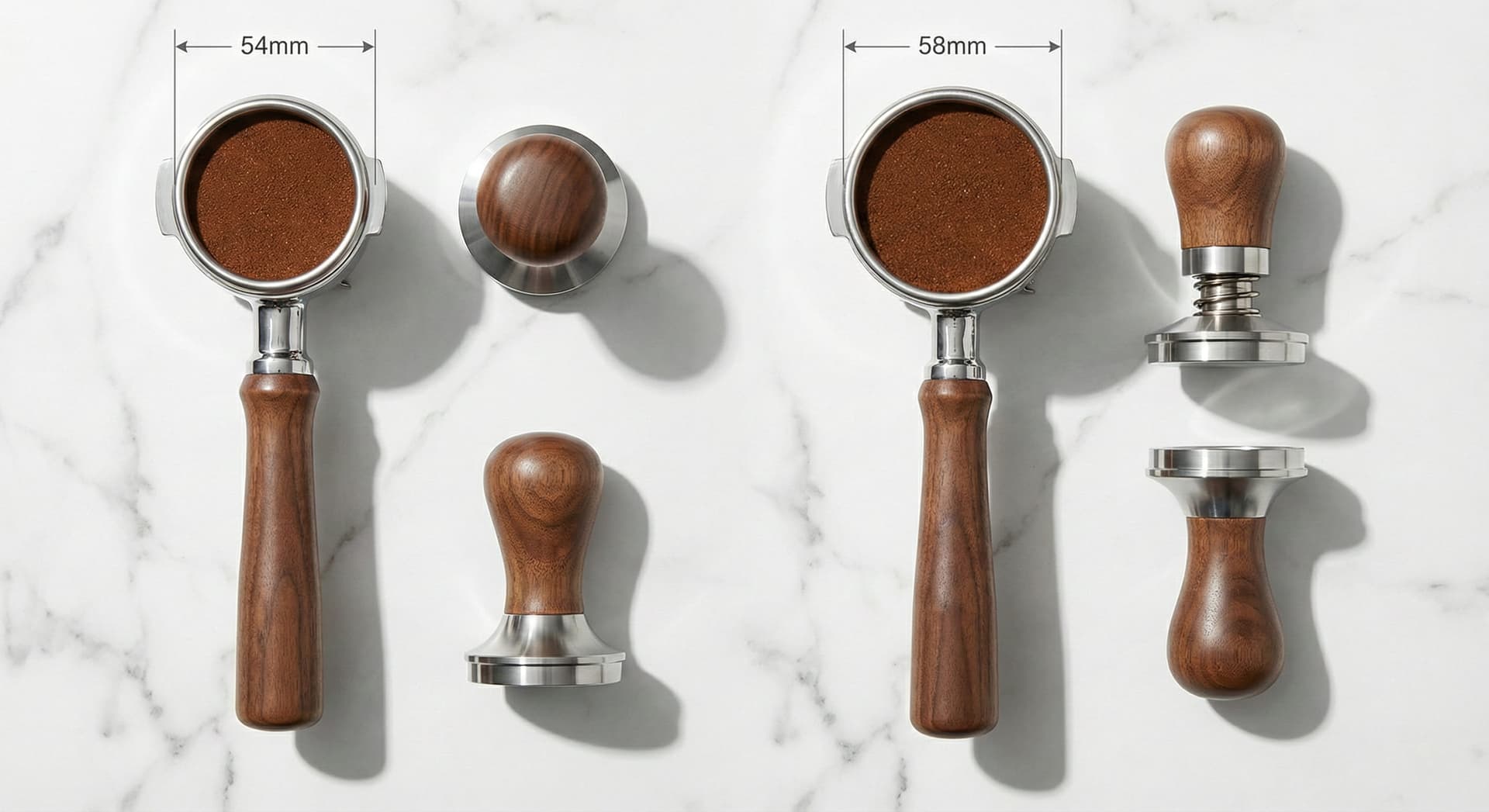 Professional comparison showing 58mm commercial portafilter with precision basket versus pressurized double-wall portafilter basket with cross-section views, demonstrating extraction flow patterns, crema formation differences, and barista technique requirements from espresso machine testing protocols