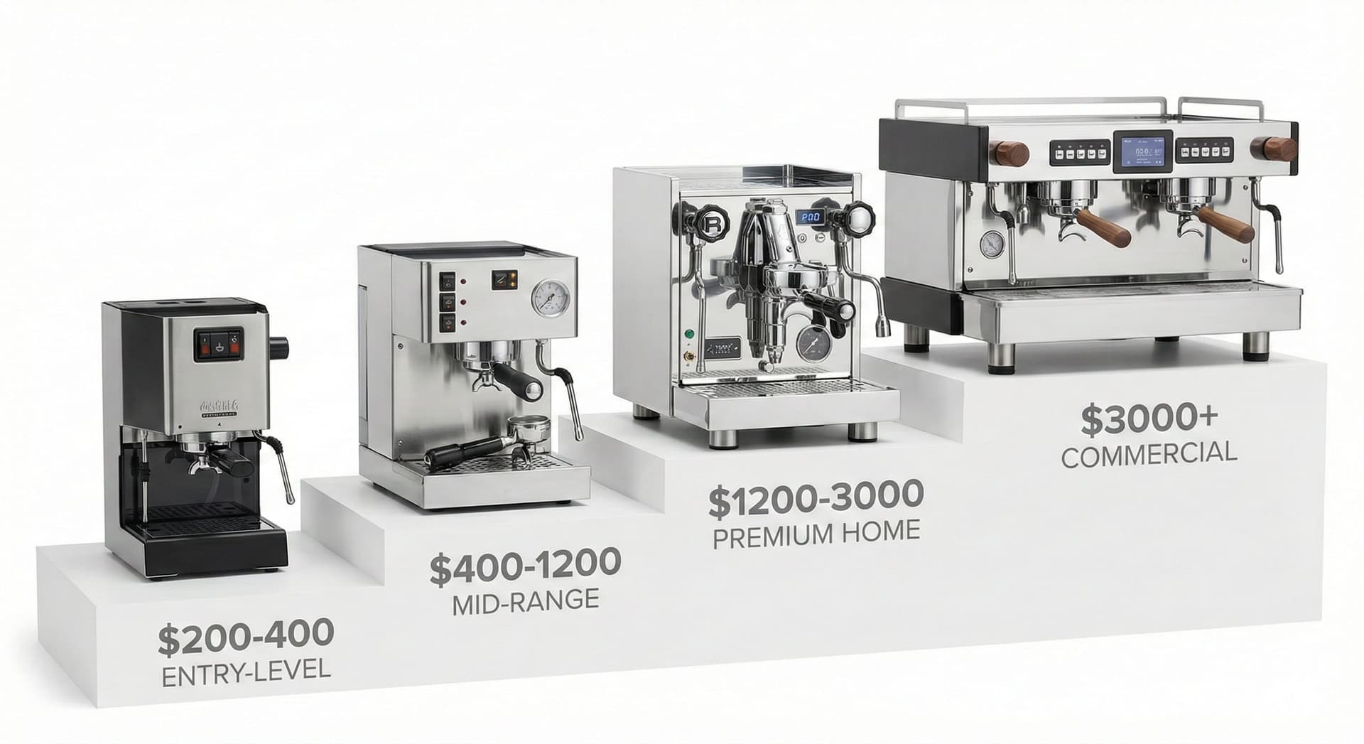 Espresso machines at different price tiers from $200 entry-level to $3000+ prosumer models showing feature progression including single vs dual boiler systems, PID temperature control, rotary vs vibratory pumps, commercial-grade components, and build quality differences from comprehensive testing of 200+ machines