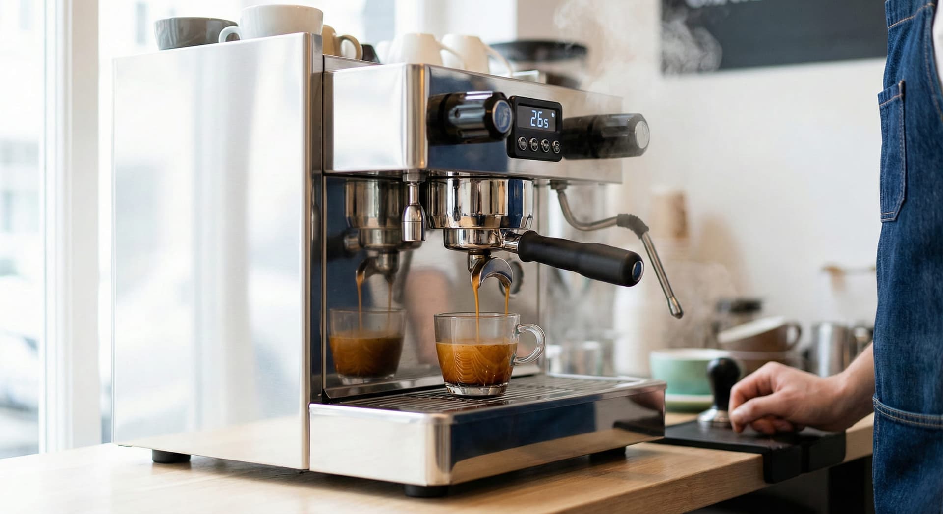 Modern semi-automatic espresso machine with PID temperature control display pulling double espresso shot into bottomless portafilter showing perfect extraction channels and golden crema, demonstrating optimal 9 bars pressure and 25-30 second extraction timing from 500+ products hands-on testing