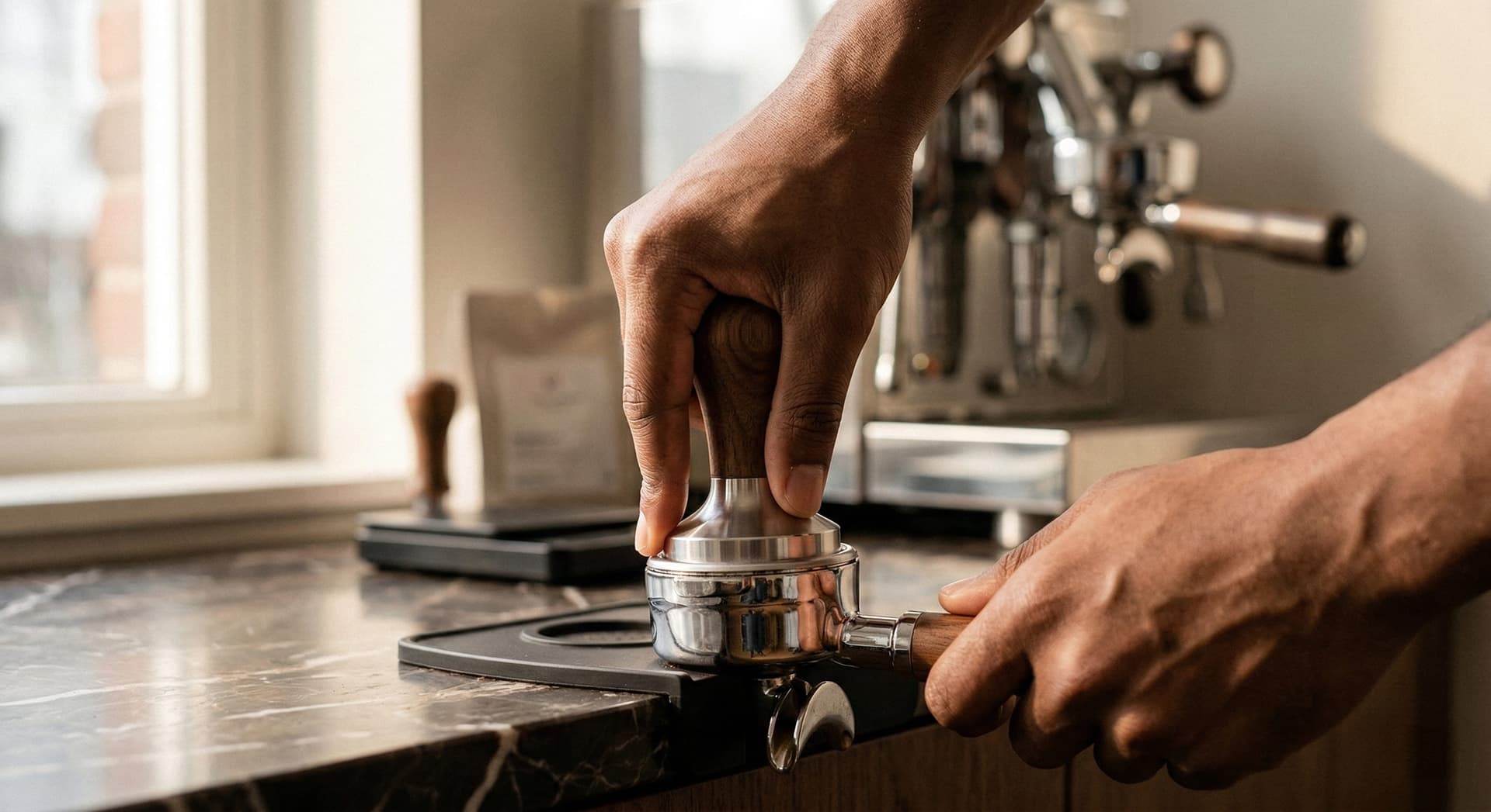 Barista pressing a calibrated espresso tamper into a portafilter basket showing correct tamping pressure and level technique on a dark marble counter