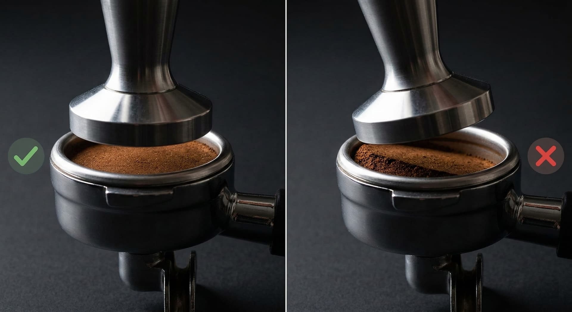 Side by side comparison of level espresso tamp versus tilted tamp showing how a crooked tamp causes uneven puck compression and channeling