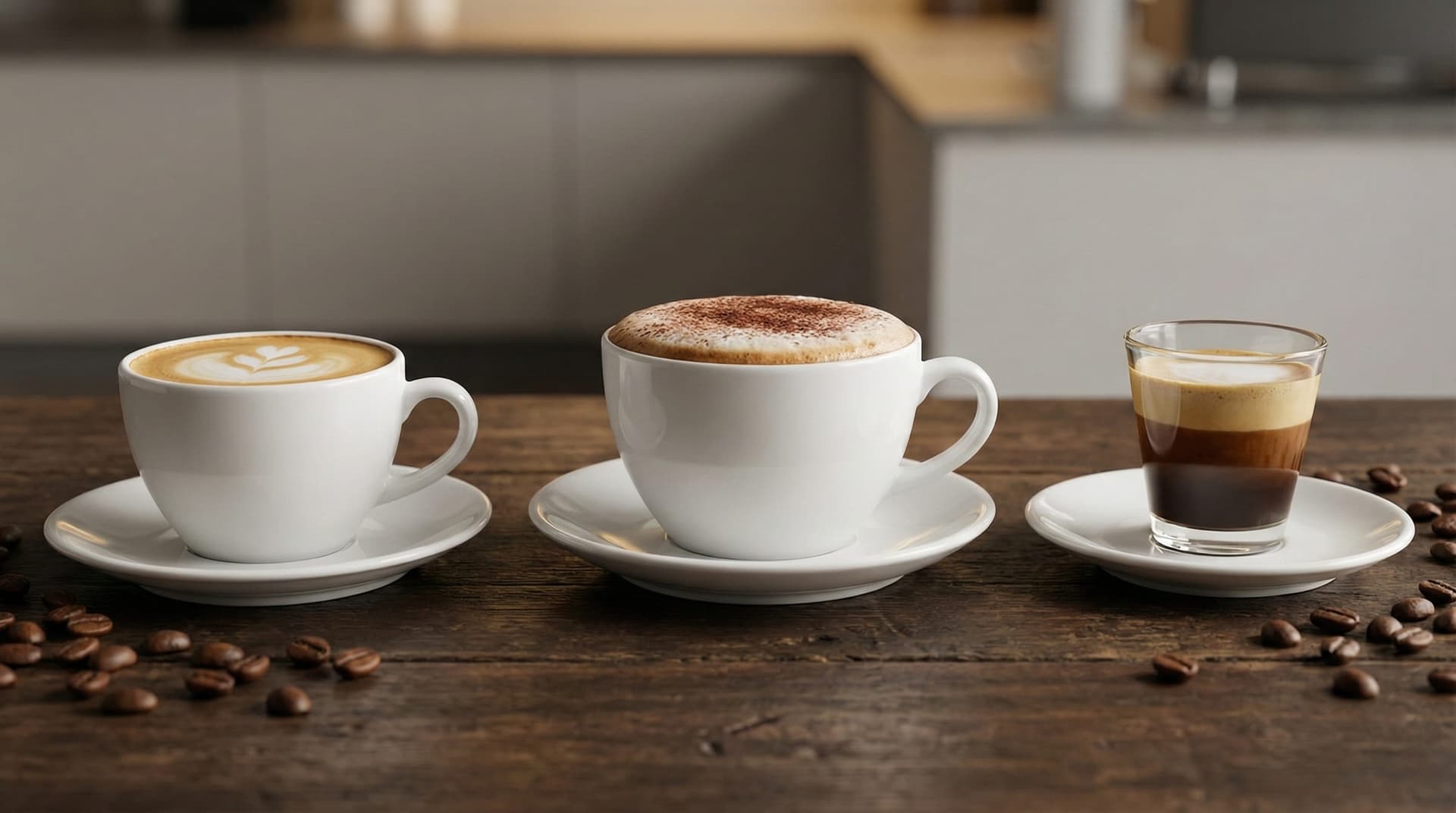 Professional barista comparison of flat white, cappuccino, and cortado espresso drinks showing milk texturing techniques and foam differences