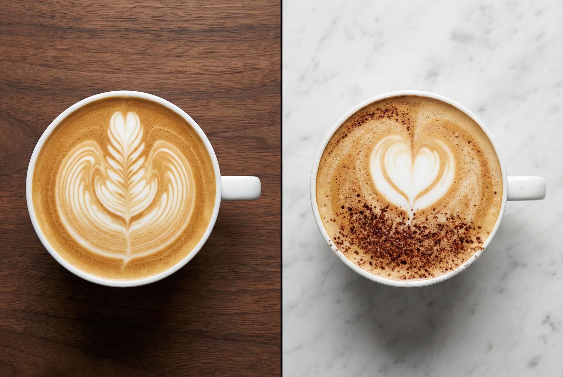Professional latte art variations comparing intricate designs possible with flat white velvety microfoam versus limited latte art capabilities on traditional cappuccino thick dry foam layer