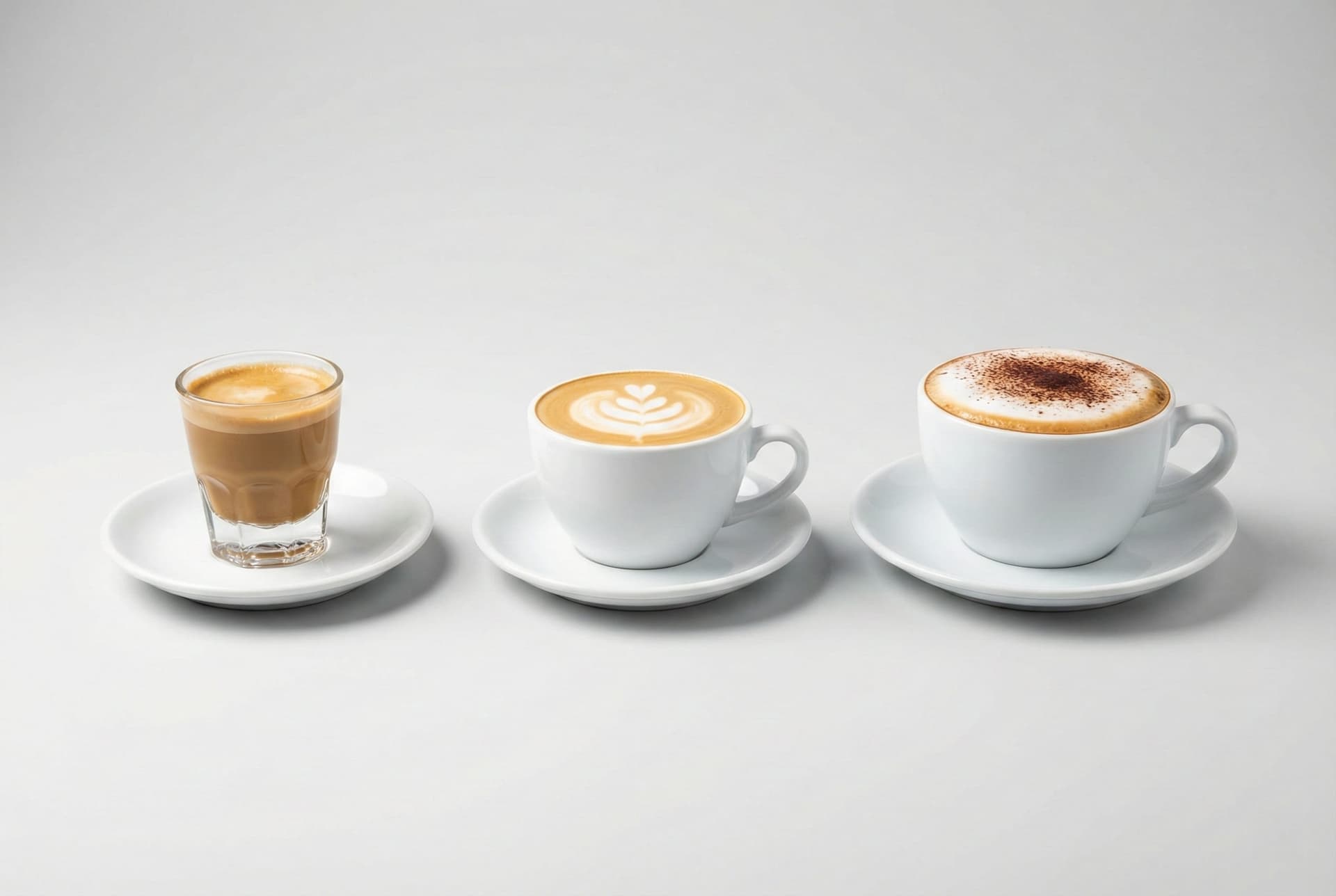 Professional size comparison showing cortado (4oz), flat white (6oz), and cappuccino (6oz) cups demonstrating volume differences and traditional serving vessels for specialty espresso drinks