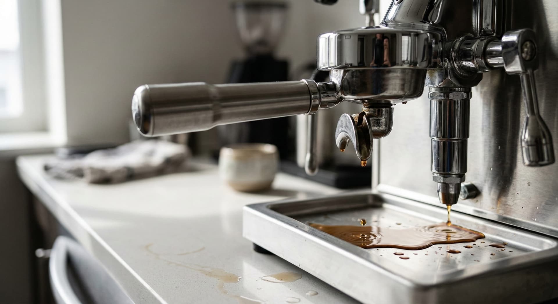 Blind basket inserted in portafilter locked into espresso machine group head during backflushing with cleaning powder — monthly espresso machine deep clean sequence