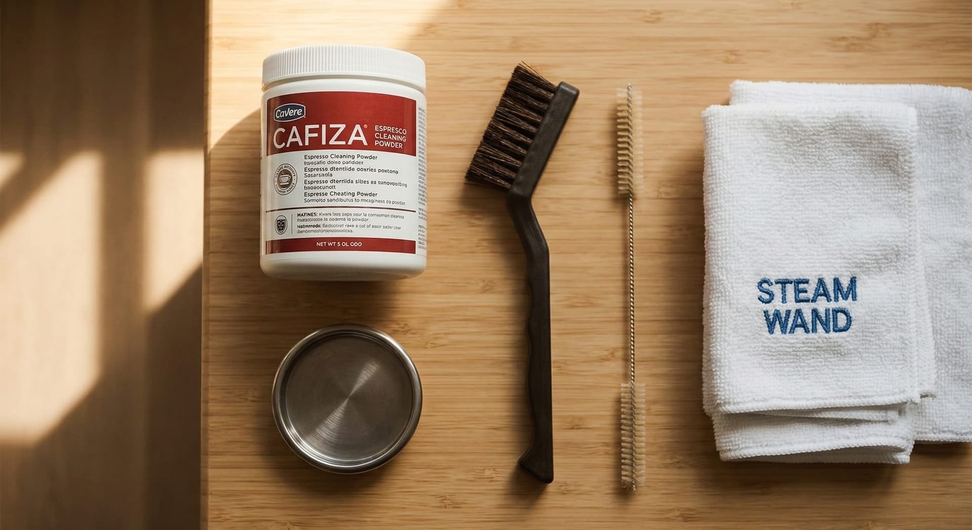 Espresso machine cleaning tools laid out on a counter including group head brush, blind basket, cleaning powder, microfiber cloths, and steam wand brush — complete espresso maintenance kit