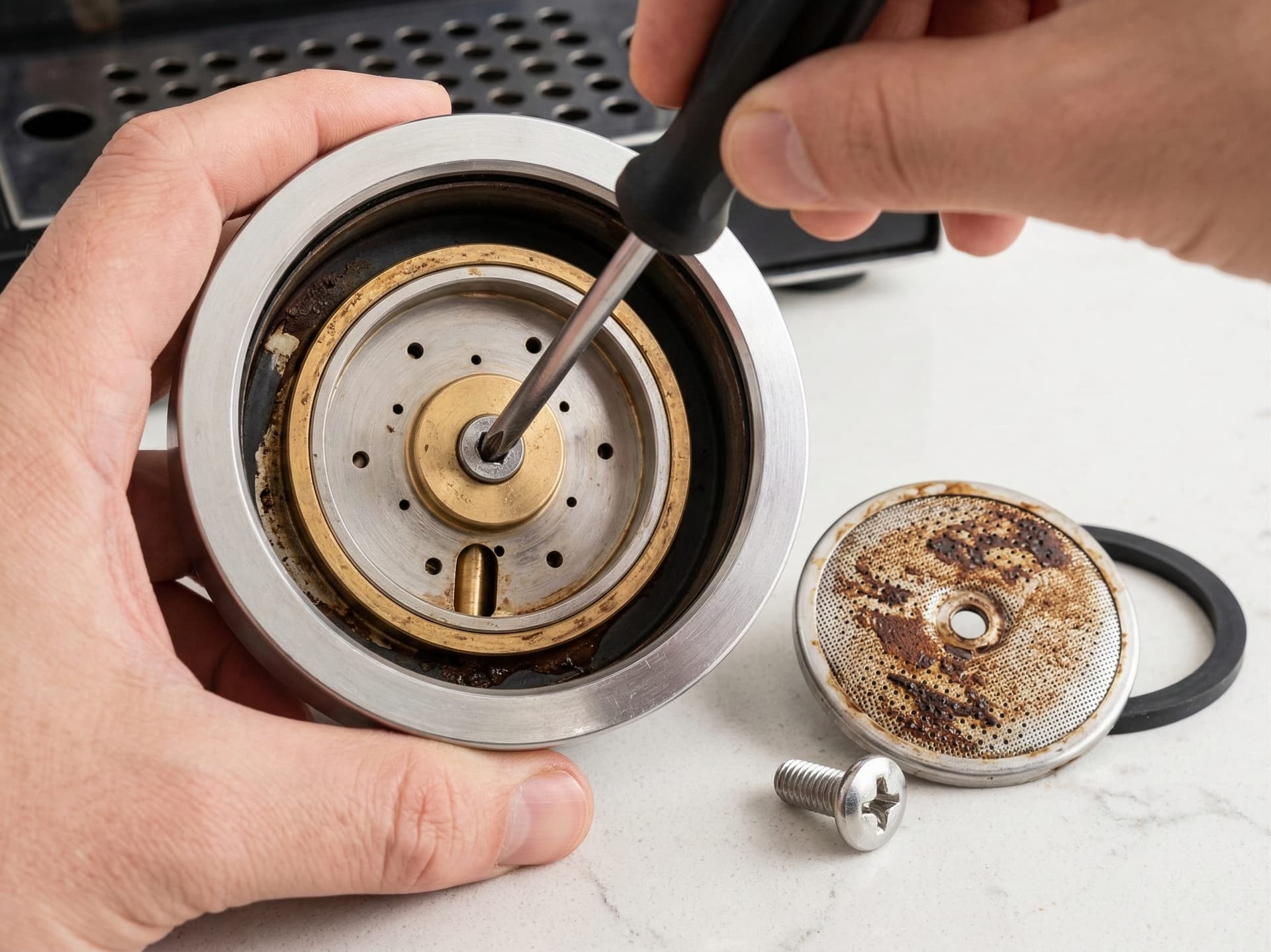 Removing espresso machine shower screen with screwdriver, showing brown coffee oil buildup on the group head dispersion screen — monthly group head deep clean
