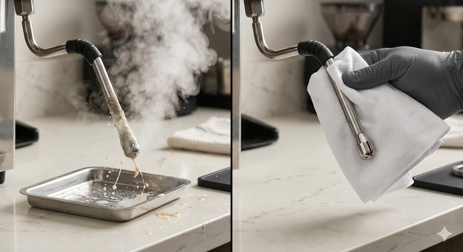 Barista purging espresso machine steam wand after steaming milk then wiping with a dedicated white microfiber cloth — correct steam wand cleaning and purging technique