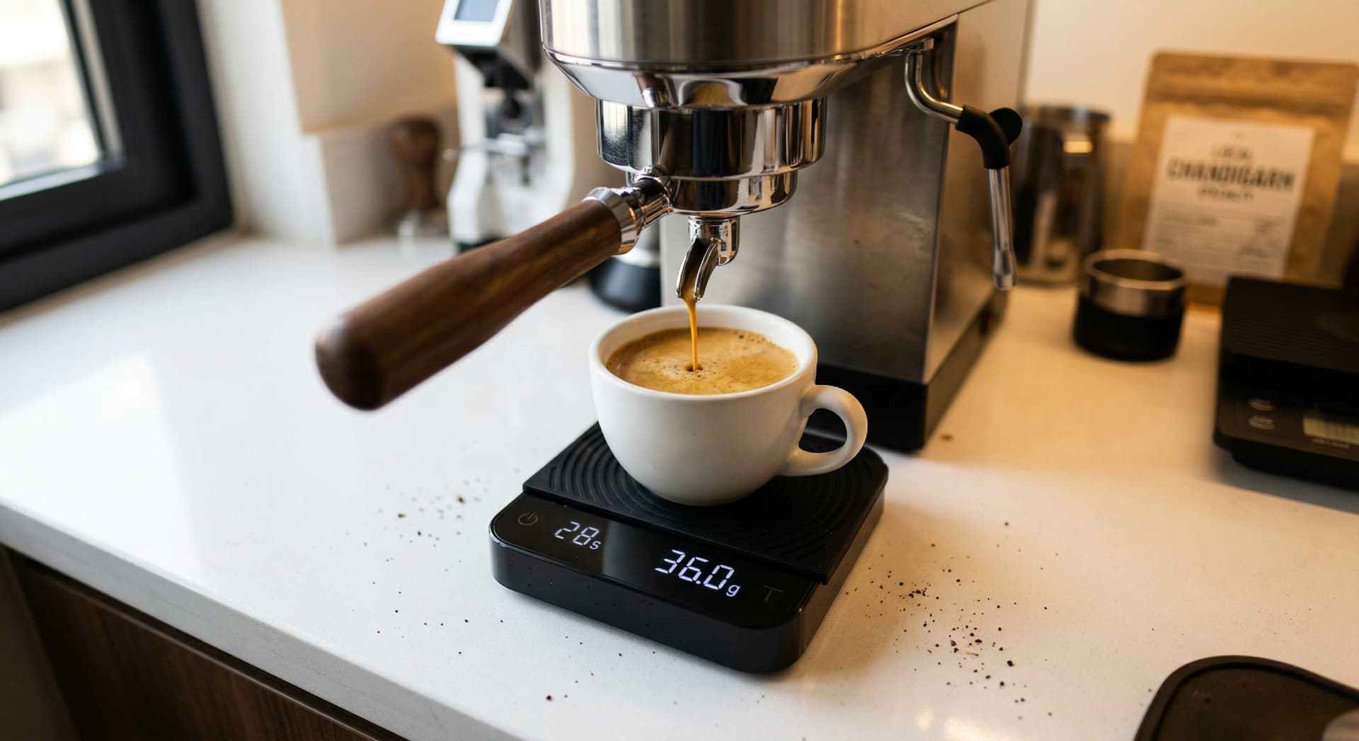 Digital scale under espresso machine portafilter showing espresso yield measurement — dose and yield adjustment to fix bitter espresso from over-extraction