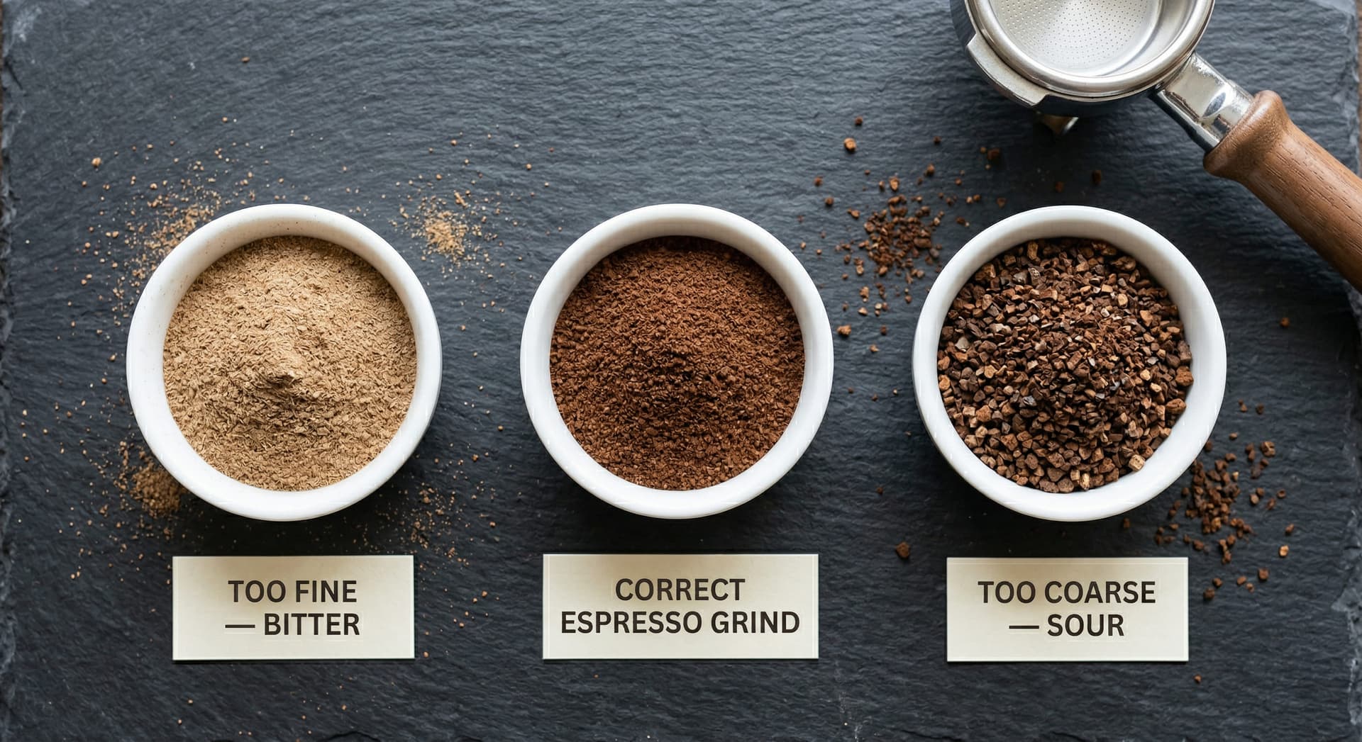 Three bowls showing espresso grind too fine causing bitter espresso, correct espresso grind, and too coarse causing sour espresso — grind size comparison for fixing bitter espresso