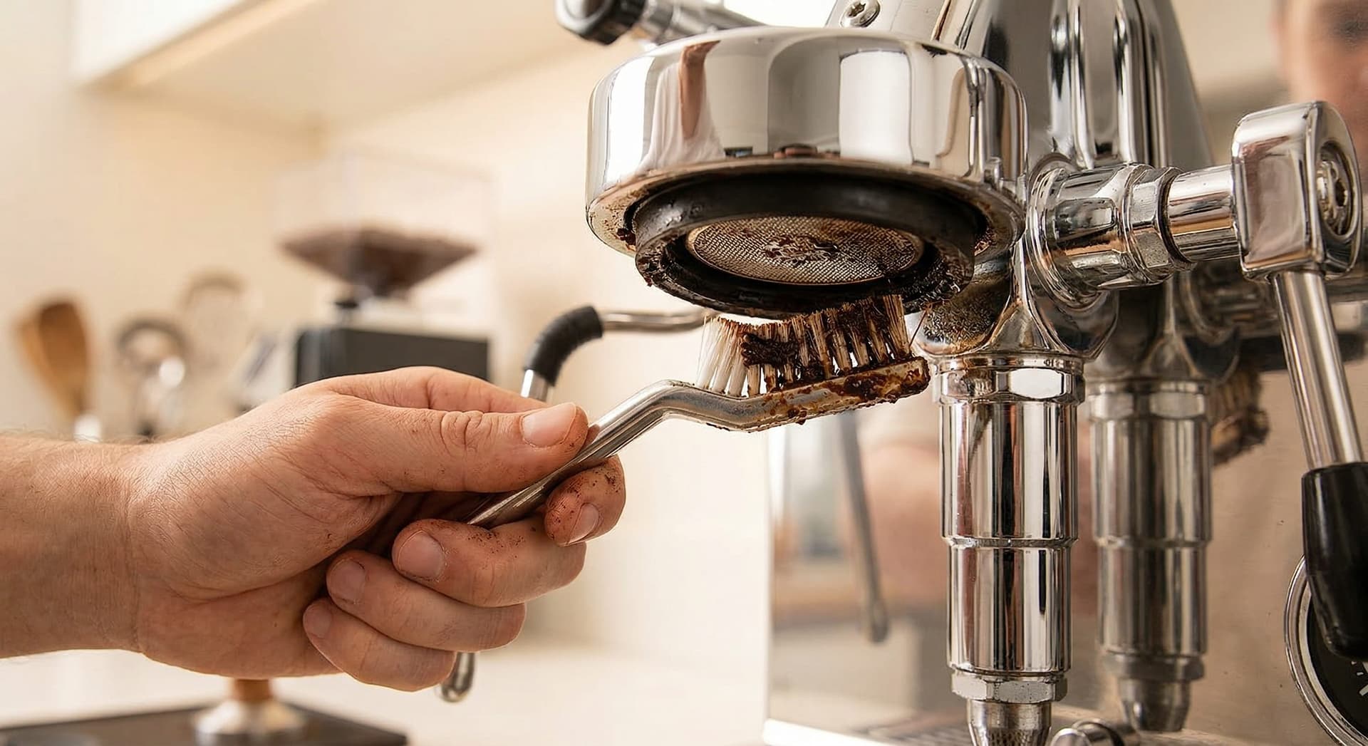 Barista cleaning espresso machine group head with a brush removing coffee oil buildup to prevent bitter espresso from dirty equipment