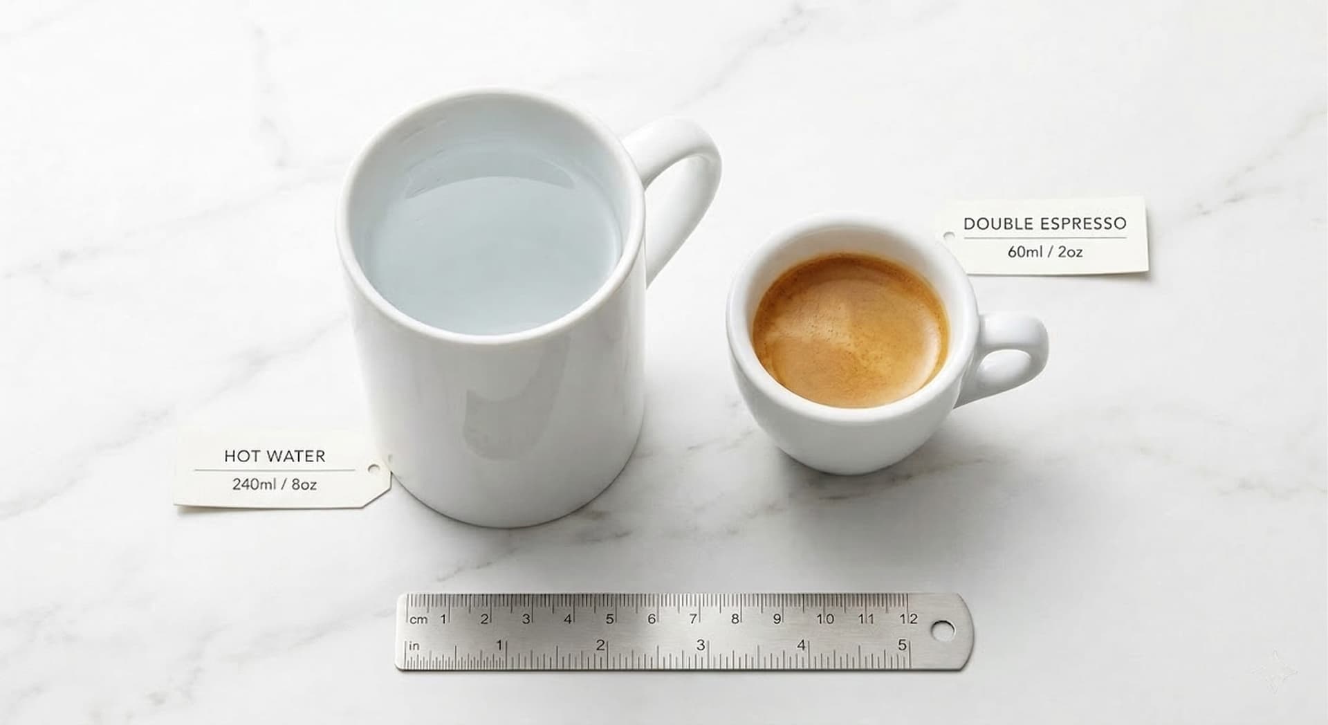 Americano recipe ratio showing a small espresso demitasse cup beside a tall mug illustrating the 1:4 espresso-to-water ratio for a double americano