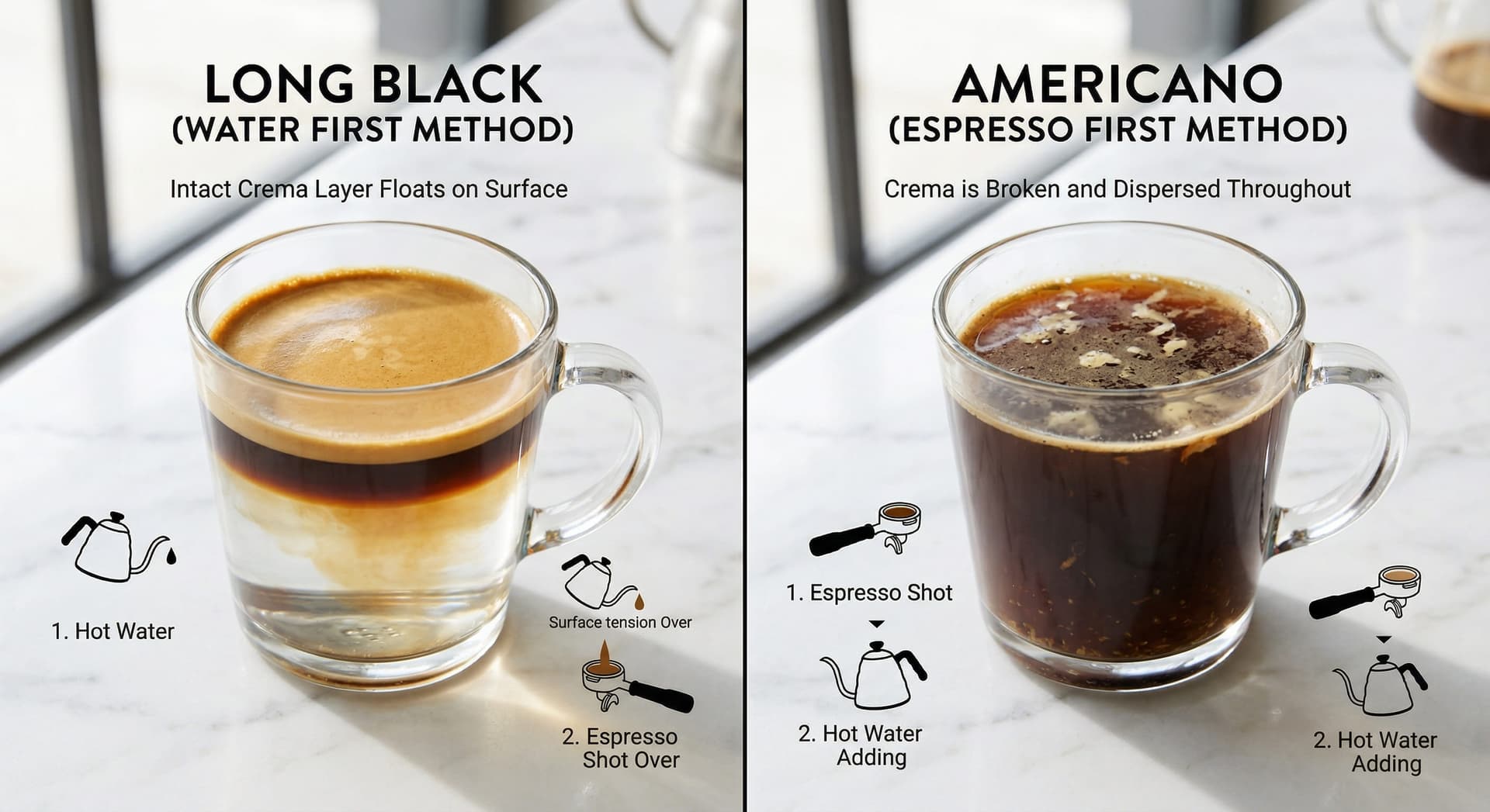 Side-by-side comparison of americano versus long black in clear glass mugs — left glass shows long black with intact crema layer floating on top, right glass shows americano with dispersed crema after water poured on top