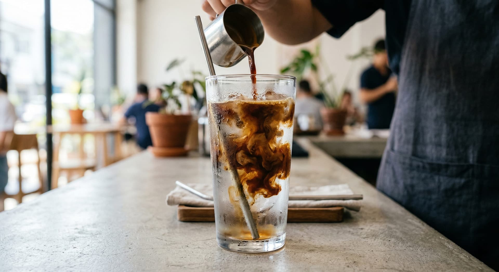 Iced americano in a tall straight-sided glass with ice cubes, espresso poured over cold water creating a dark swirl — iced americano recipe with condensation on the glass
