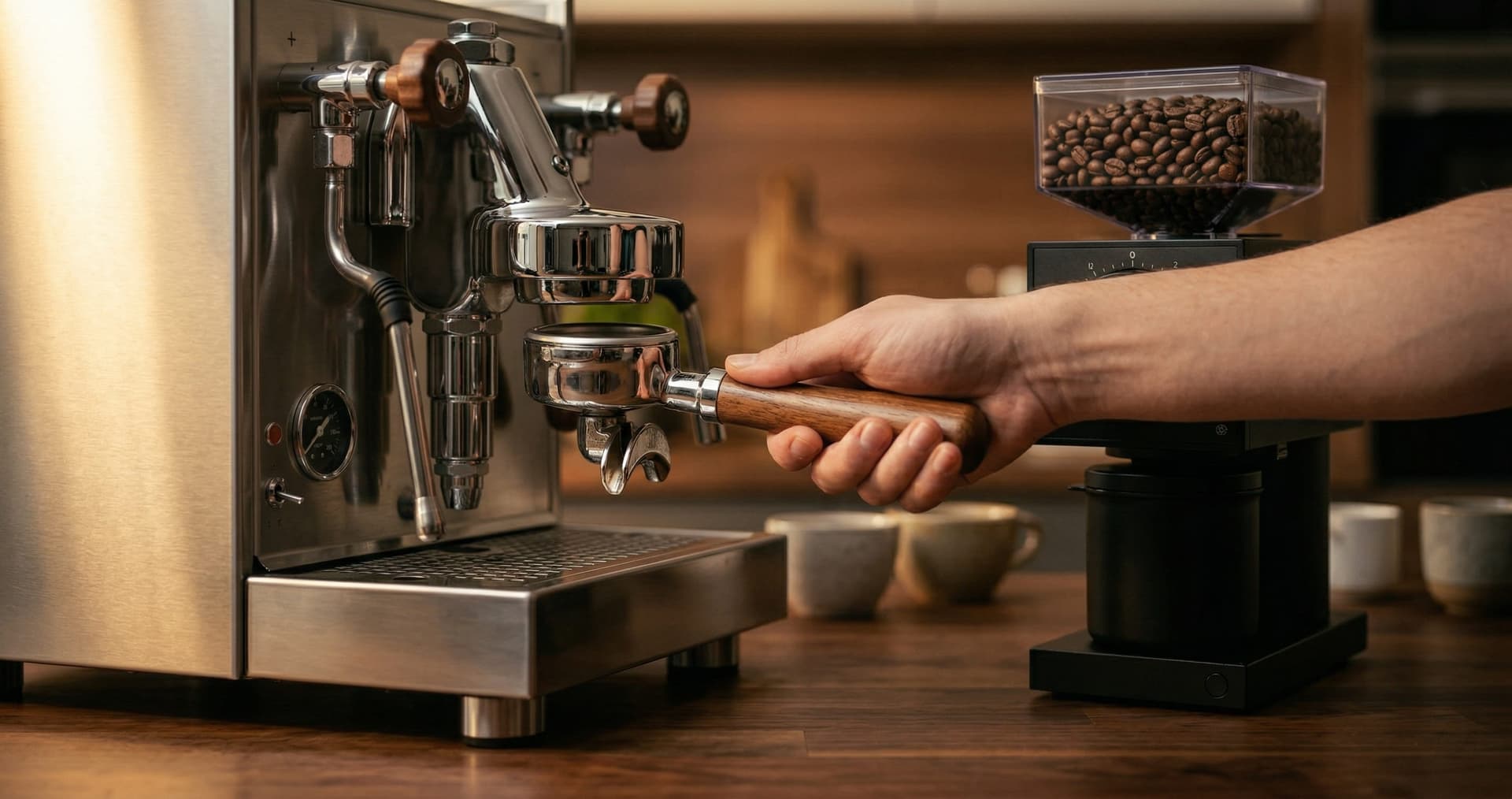 Home espresso machine and burr grinder setup on a kitchen counter — best home espresso technique requires dedicated grinder
