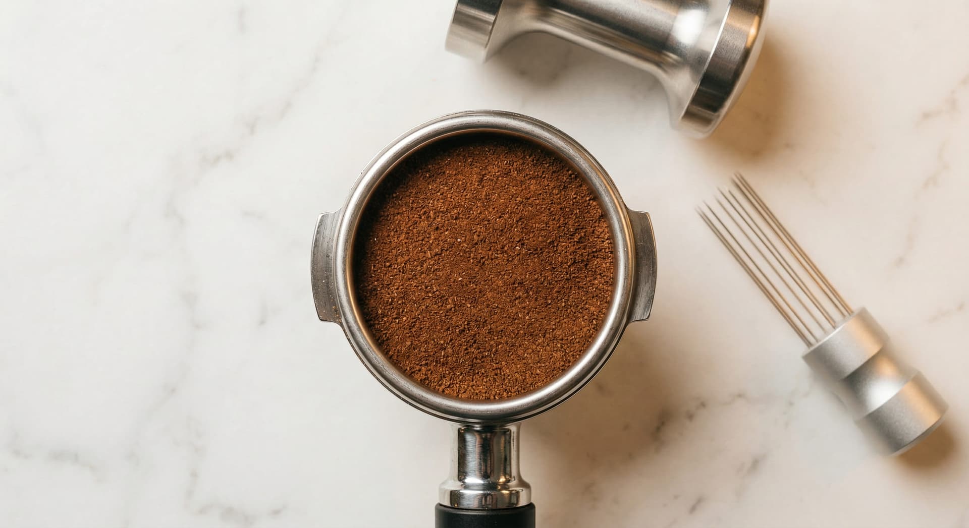 Portafilter basket with evenly distributed coffee grounds ready for tamping — home barista espresso puck preparation