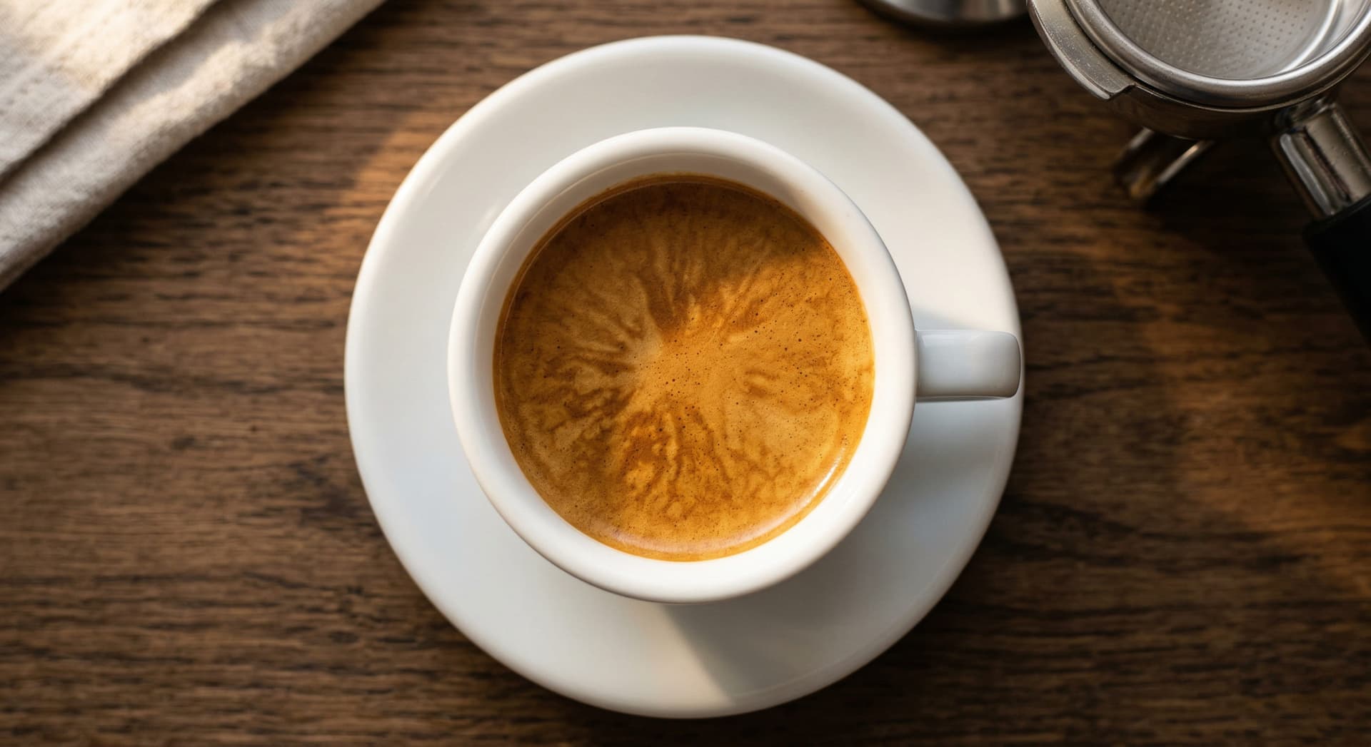 Espresso shot with golden crema in a glass demitasse cup — correctly extracted home espresso with best home espresso technique