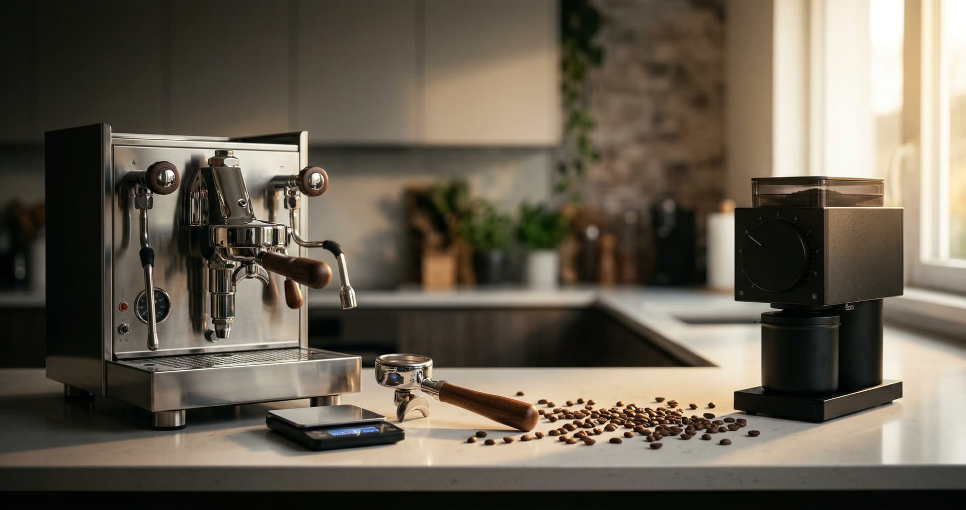 Home espresso setup with espresso machine and grinder on a kitchen counter — the complete home barista espresso guide