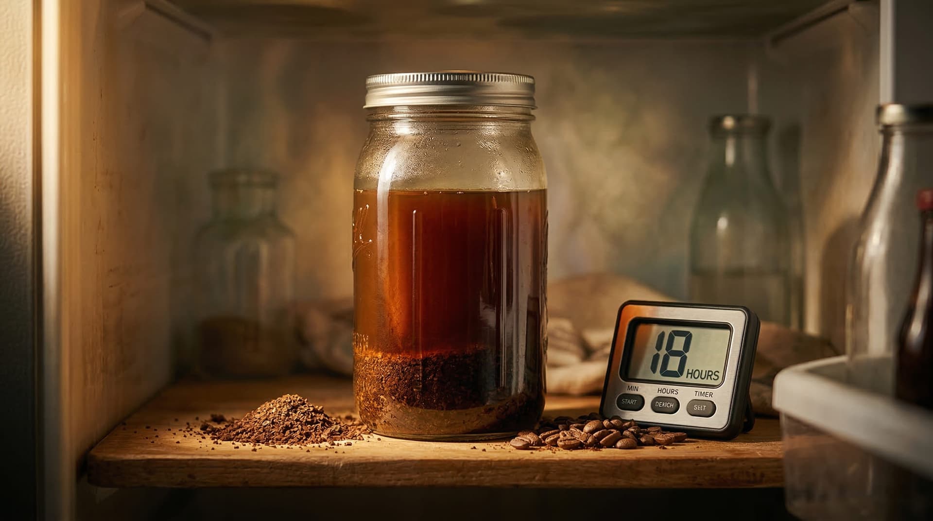 Glass mason jar of cold brew coffee steeping in refrigerator with coarse ground coffee and a timer showing 18 hours — homemade cold brew recipe