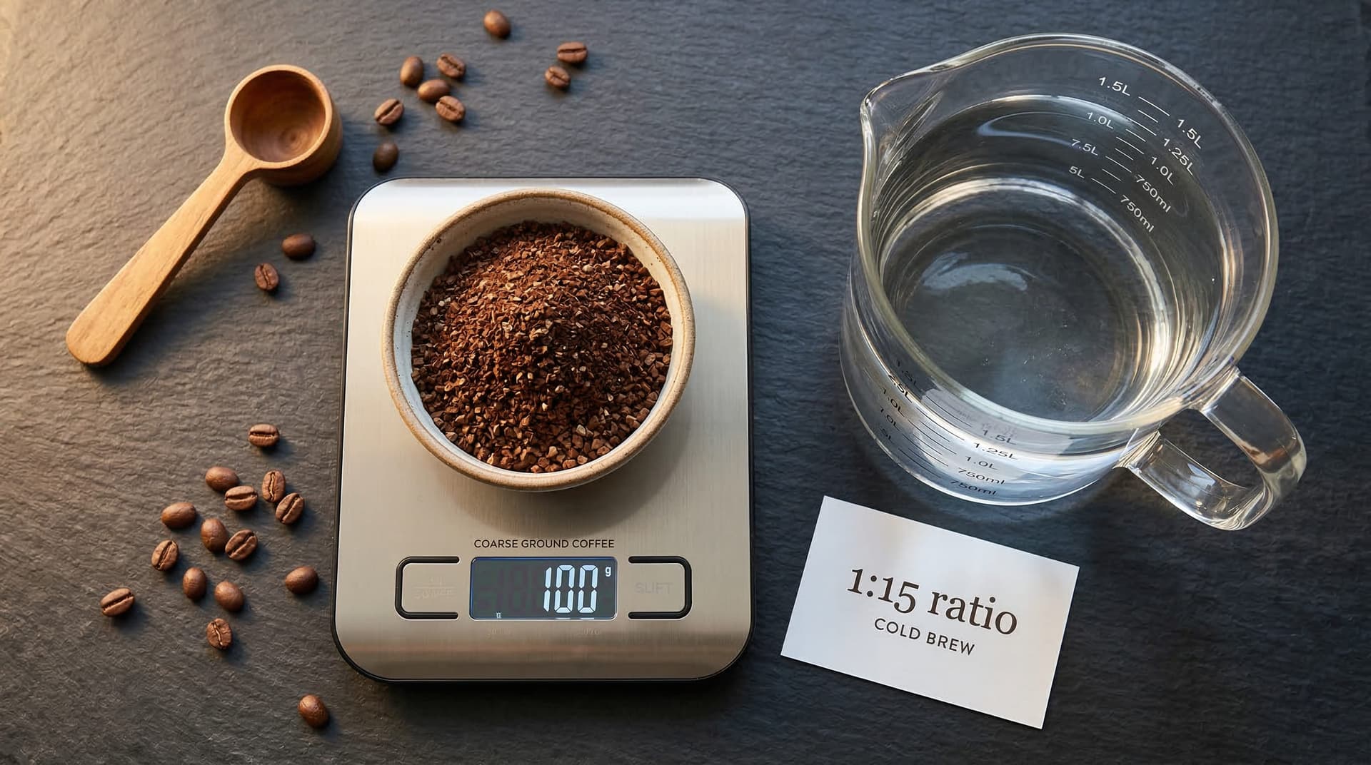 Flat-lay overhead shot showing kitchen scale with 100g coffee next to a 1.5-litre measuring jug of filtered water on dark slate — cold brew 1:15 ratio setup