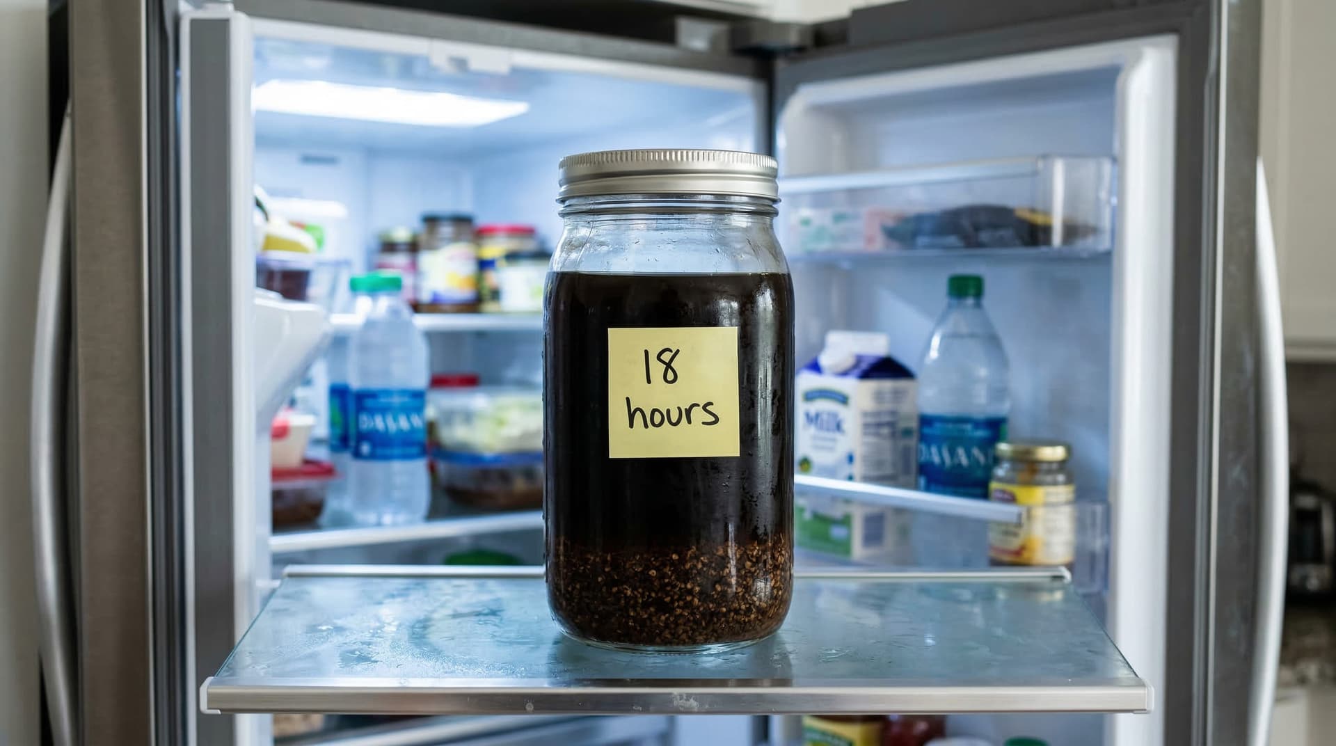 Glass jar of cold brew coffee steeping in an open refrigerator with a sticky note reading 18 hours attached — cold brew steep time refrigerator method
