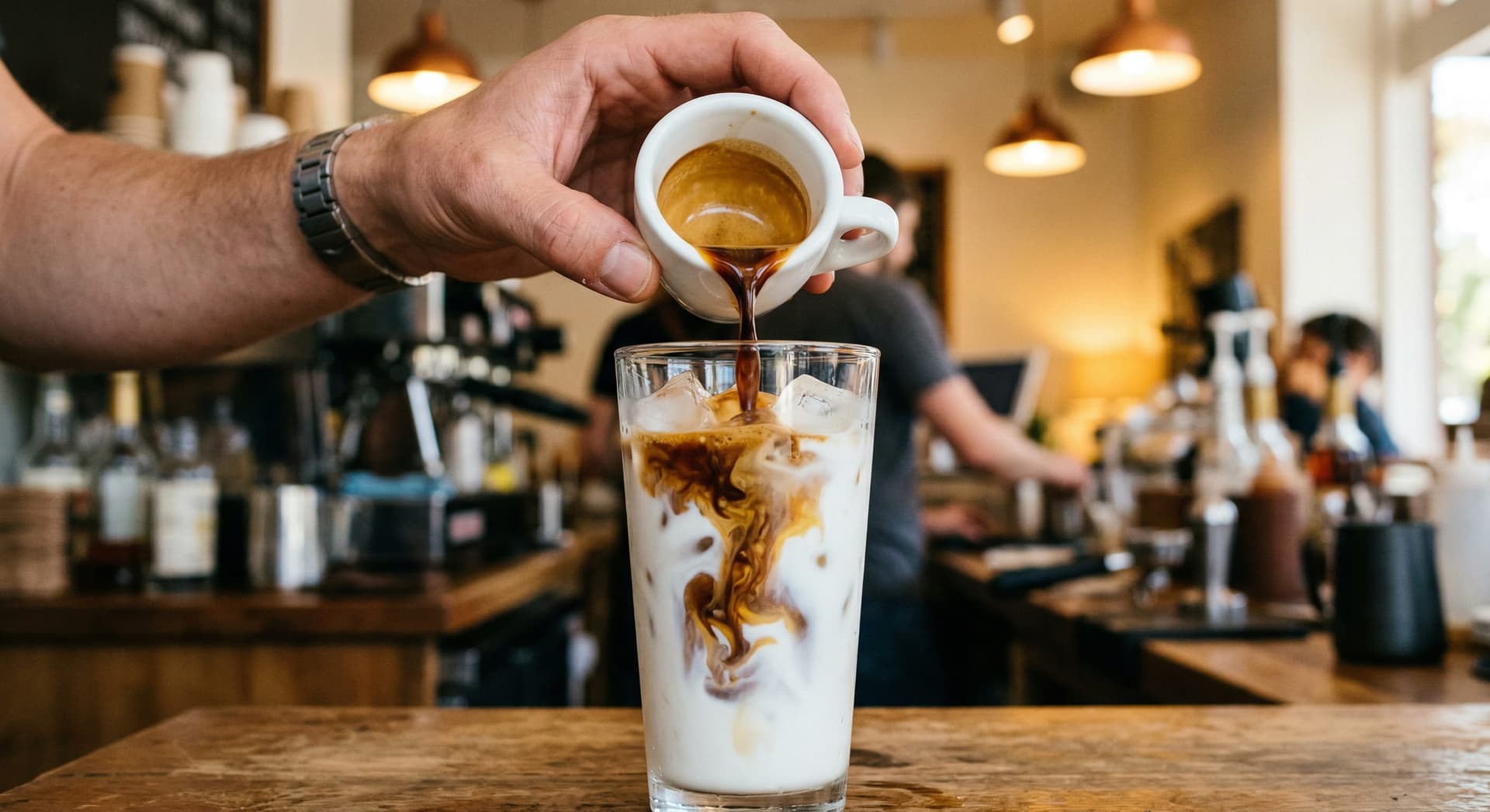 Iced latte pour sequence — hand pouring freshly pulled double espresso over cold milk and ice in tall glass, espresso visibly diffusing through milk — homemade iced latte step by step