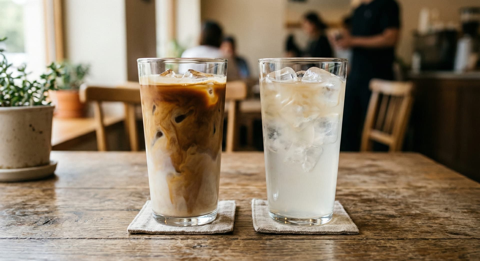 Two iced lattes side by side — left glass correctly proportioned cold latte recipe with rich espresso colour, right glass over-diluted and pale from too much ice melt