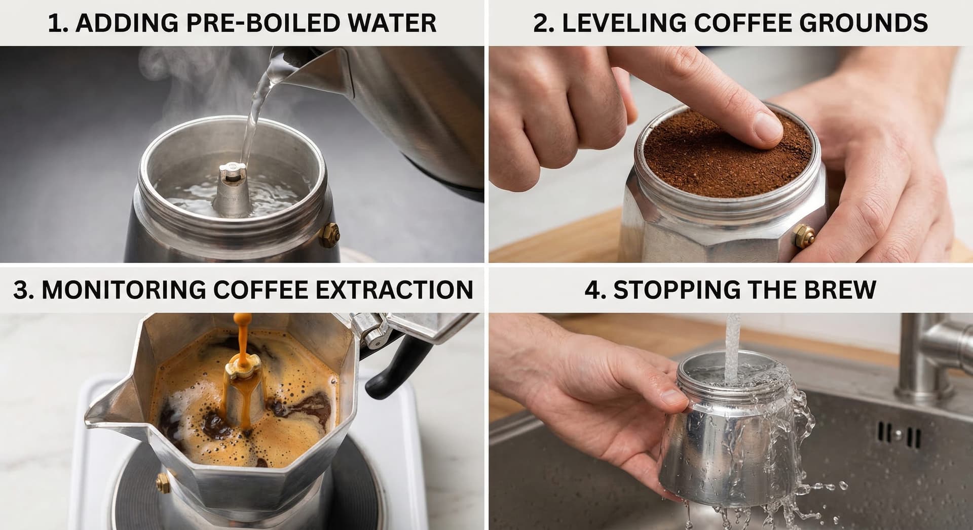 Four-panel grid showing the moka pot brewing steps — filling the lower chamber with pre-boiled water, levelling the coffee basket with a finger sweep, coffee streaming up the central spout, and running the base under cold water to stop extraction