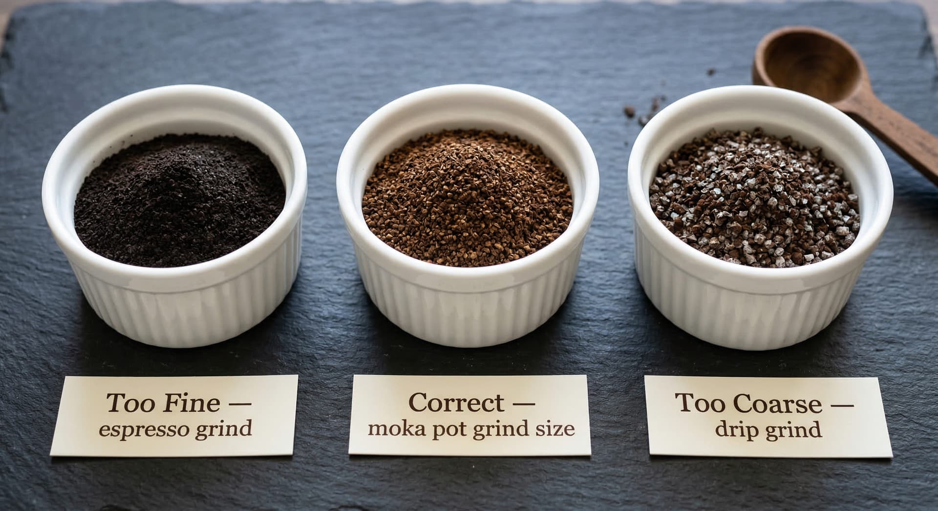 Three small ceramic dishes on a dark slate surface showing moka pot grind size comparison: left dish labelled Too Fine with espresso-powder grounds, centre dish labelled Correct with medium-fine moka pot grind size, right dish labelled Too Coarse with coarse drip coffee grounds