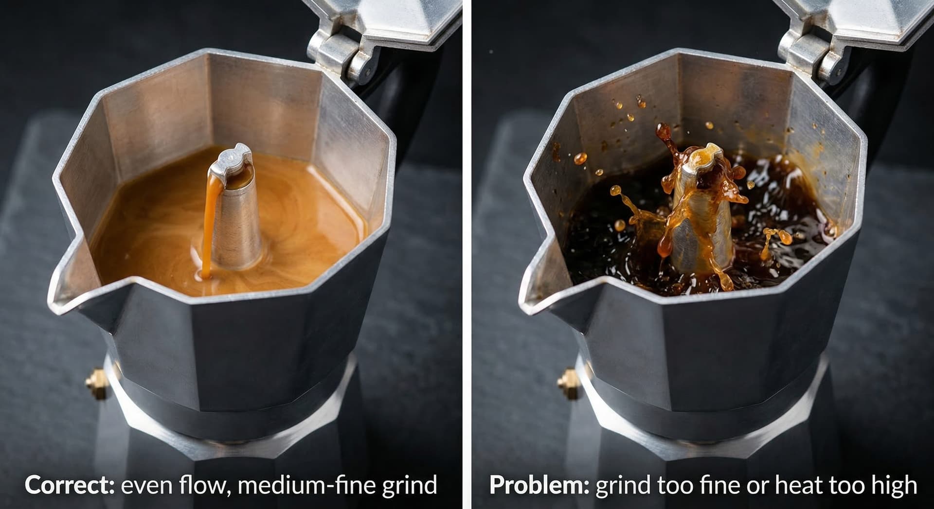 Split-image showing the two most common moka pot problems: left side shows coffee flowing smoothly in a thin amber stream indicating correct stovetop espresso instructions being followed, right side shows sputtering uneven flow indicating over-extraction from too-fine moka pot grind size or high heat
