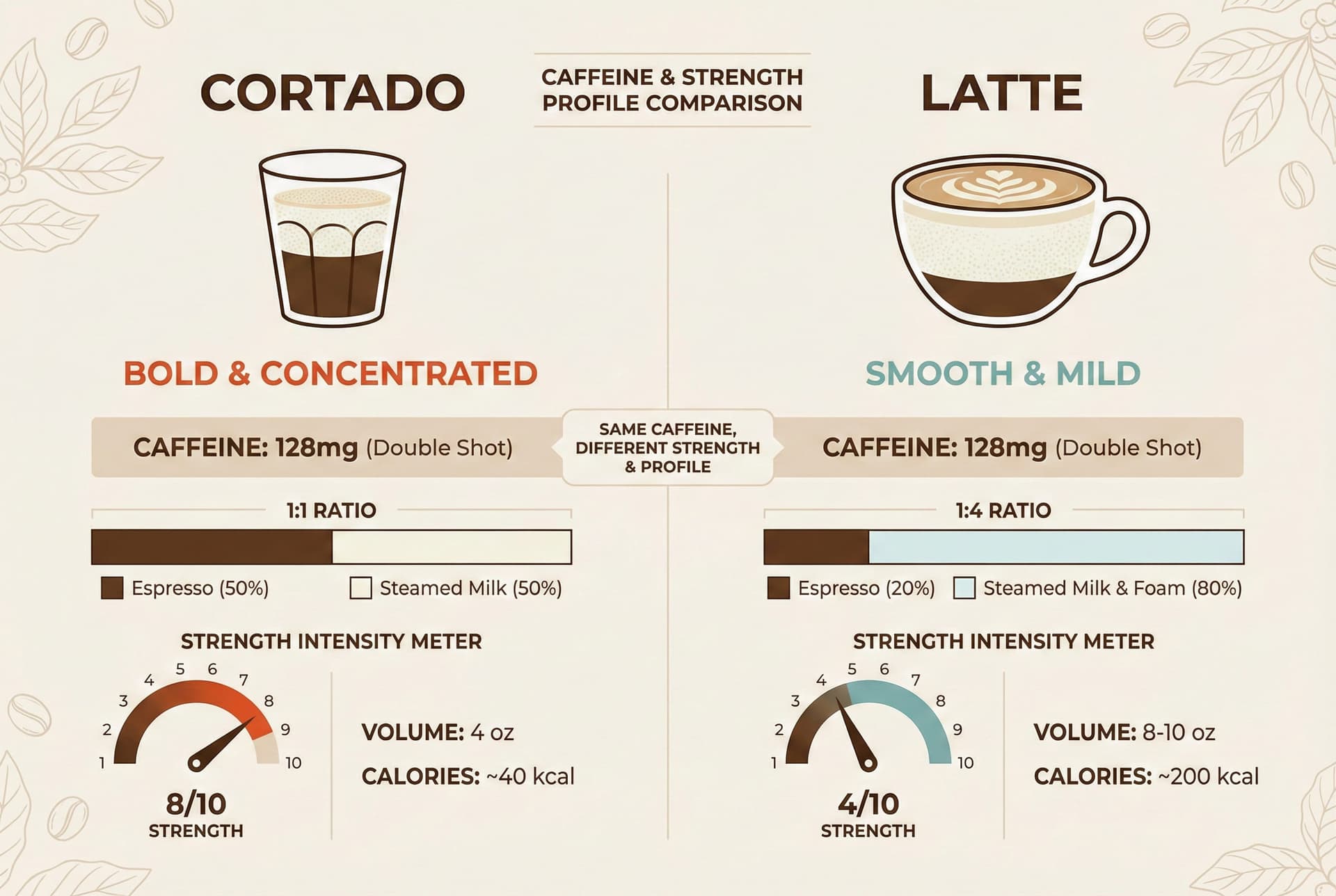 Infographic showing identical caffeine content but different perceived strength due to milk ratios