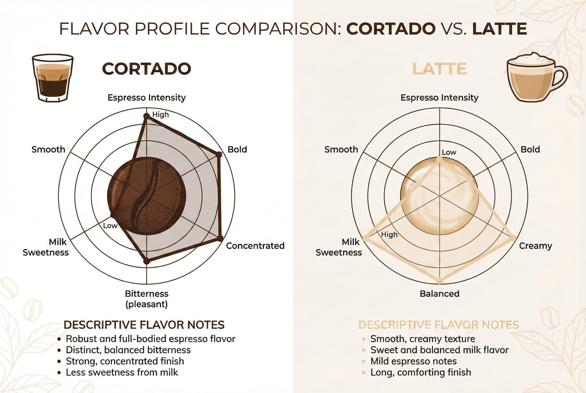 Flavor profile showing cortado's bold espresso flavor versus latte's smooth, balanced taste