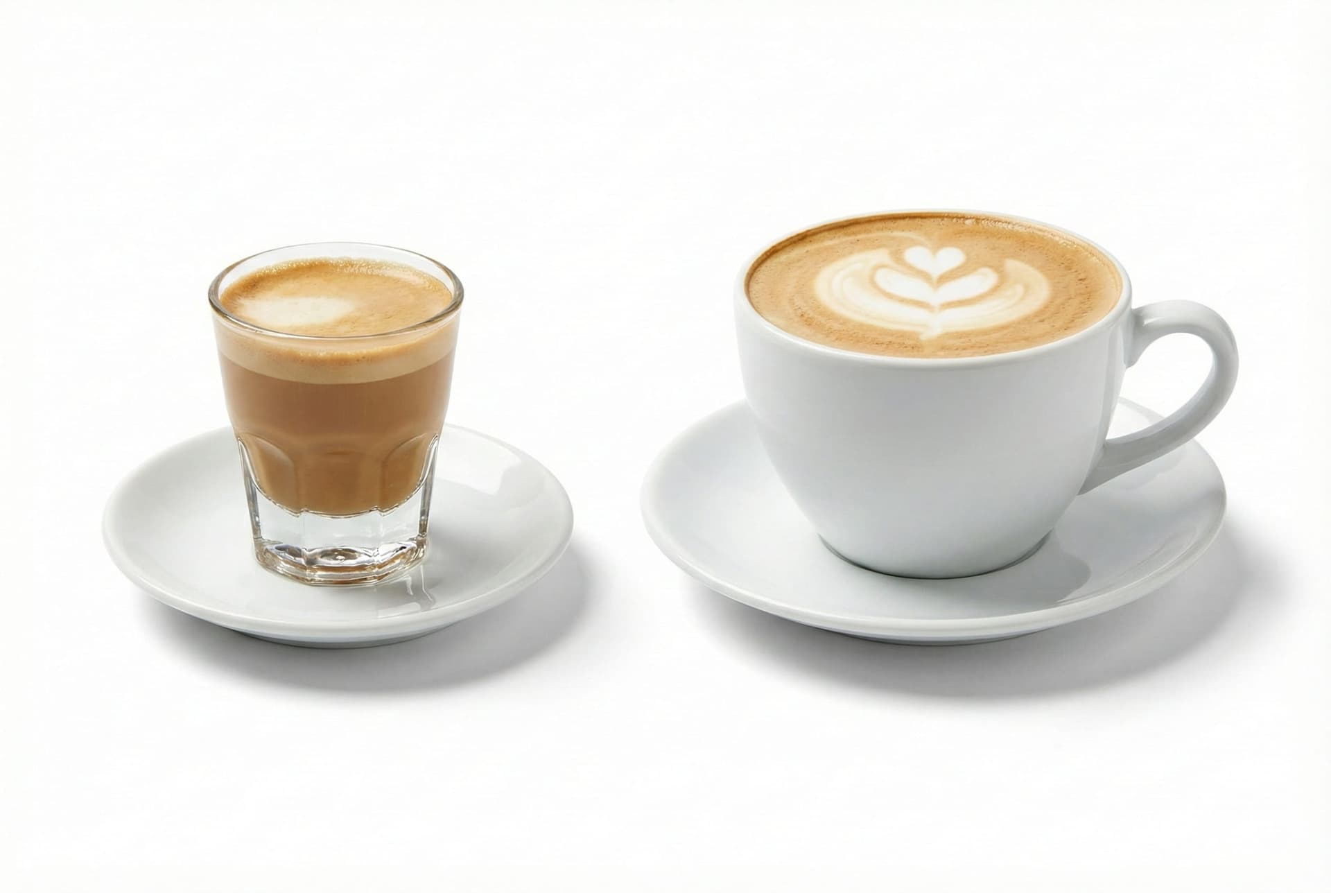 Dramatic size comparison showing small cortado glass next to large latte cup