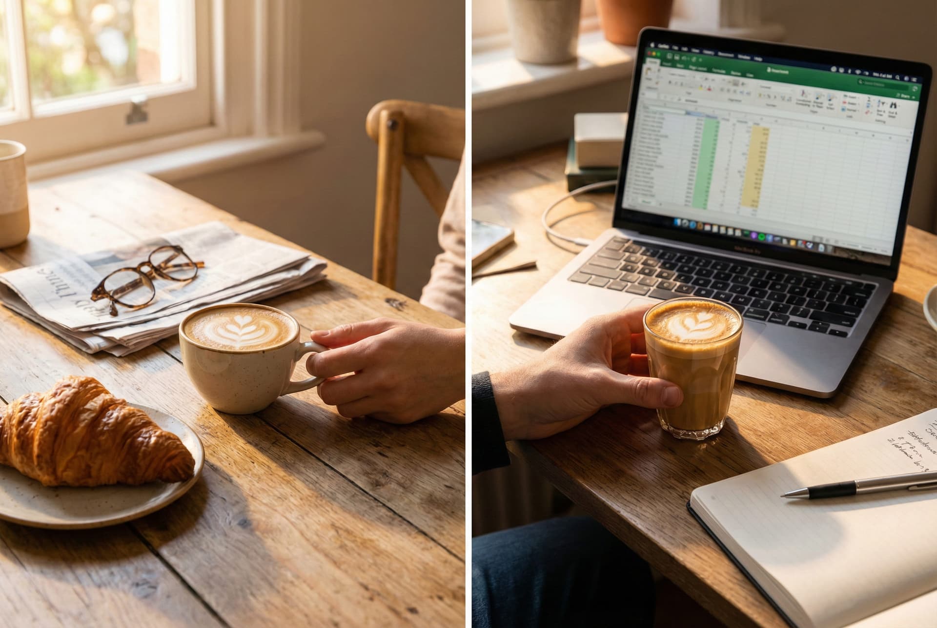 Morning scene with latte for leisurely breakfast and afternoon scene with cortado for quick pick-me-up