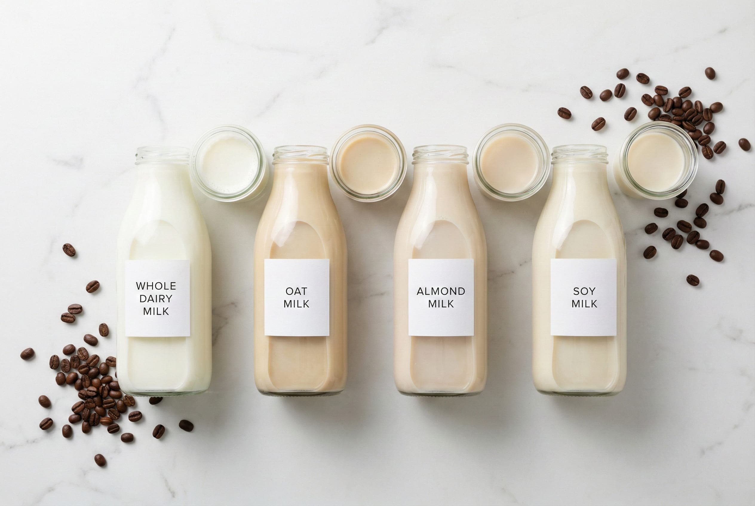 Display of different milk alternatives for coffee shop use including oat milk, almond milk, soy milk, and dairy milk options for specialty espresso-based drinks and milk-based coffee beverages