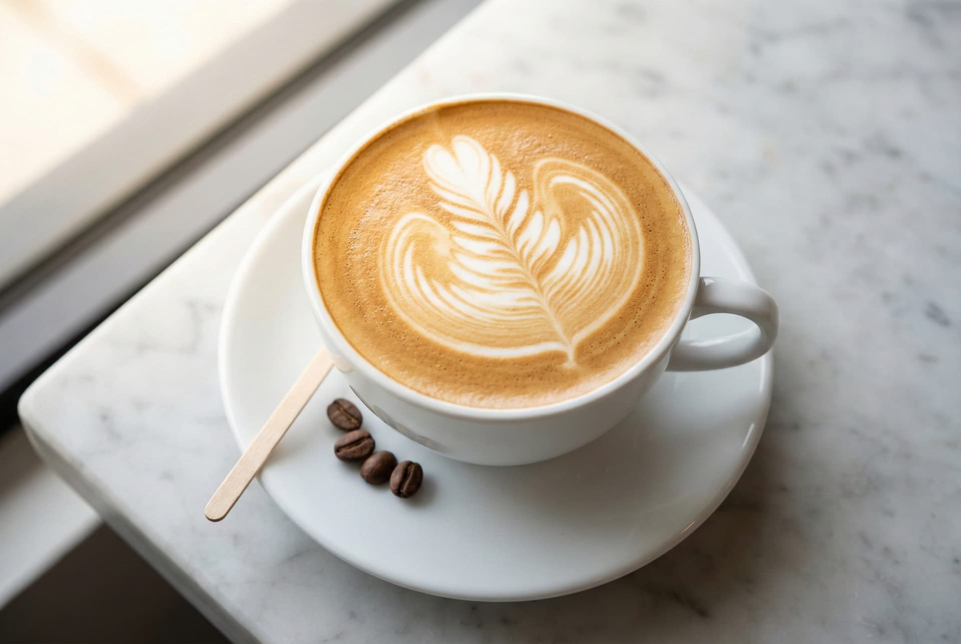 Classic latte at specialty coffee shop in white ceramic cup showing barista-crafted rosetta latte art pattern with silky microfoam milk on espresso-based drink