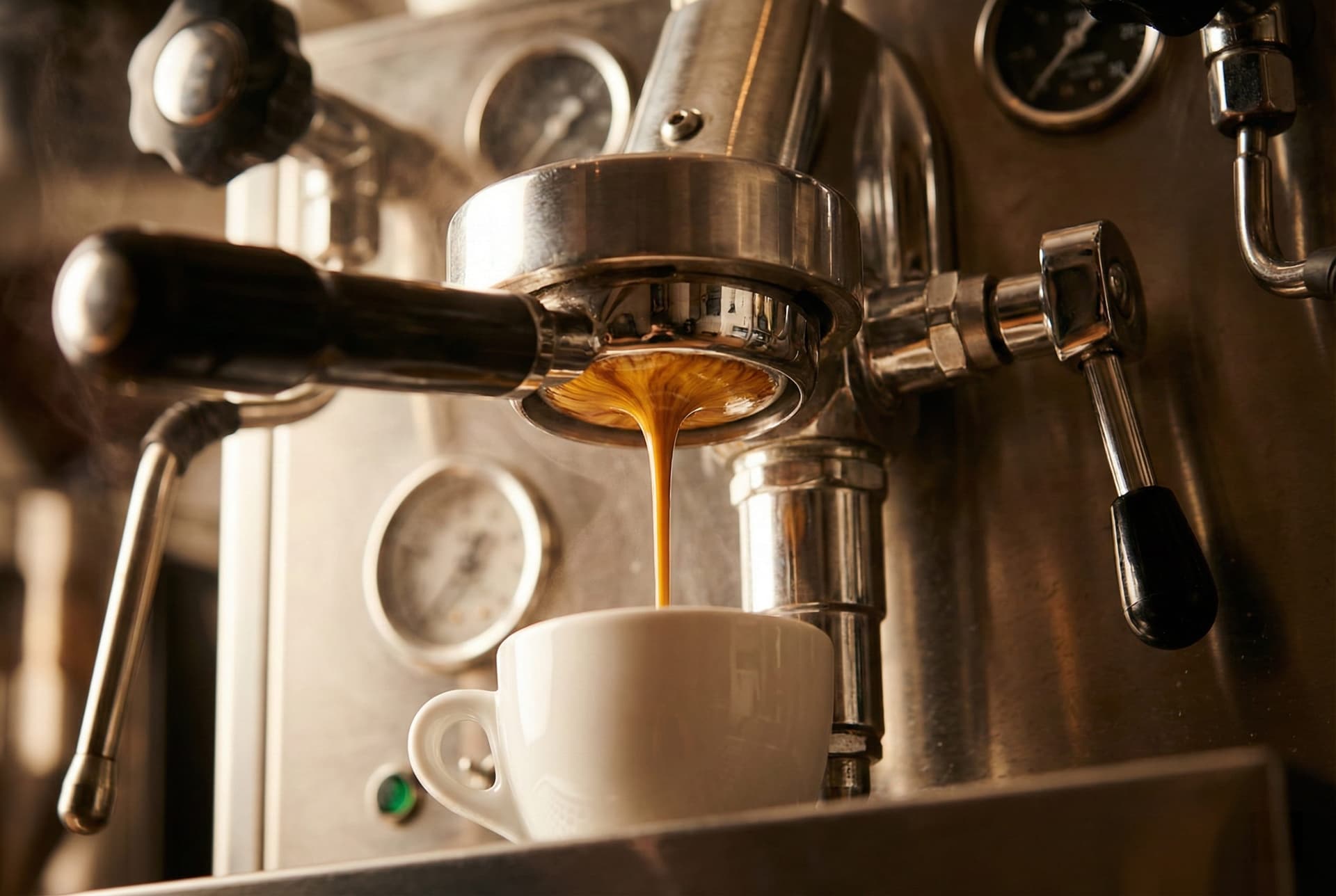 Double shot espresso extraction flowing into small demitasse cup showing rich golden crema formation for traditional Italian macchiato at specialty coffee shop with professional espresso machine