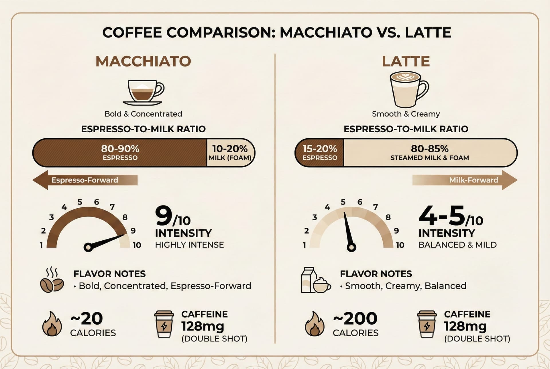 Infographic chart comparing macchiato versus latte flavor profiles showing espresso intensity, milk-based coffee characteristics, and espresso-to-milk ratios for both specialty coffee drinks