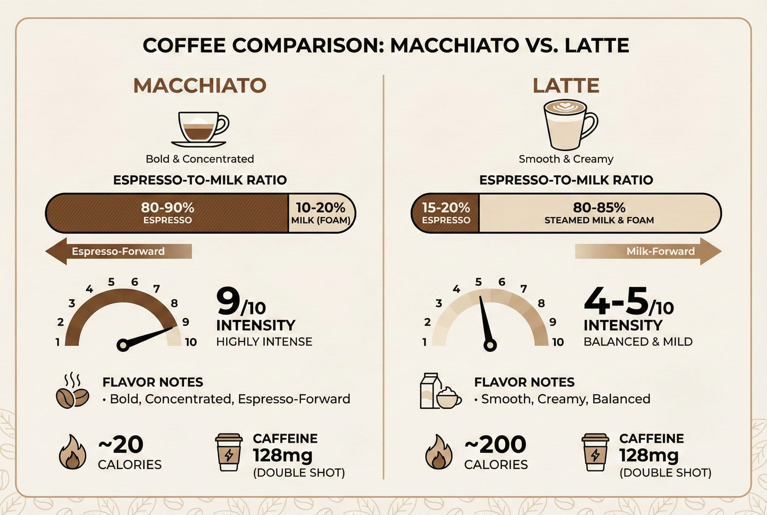 Infographic chart comparing macchiato versus latte flavor profiles showing espresso intensity, milk-based coffee characteristics, and espresso-to-milk ratios for both specialty coffee drinks