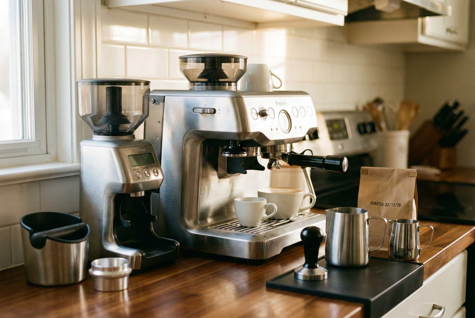 Modern home espresso station setup with espresso machine, coffee grinder, and barista accessories for preparing specialty coffee drinks including macchiato and latte at home