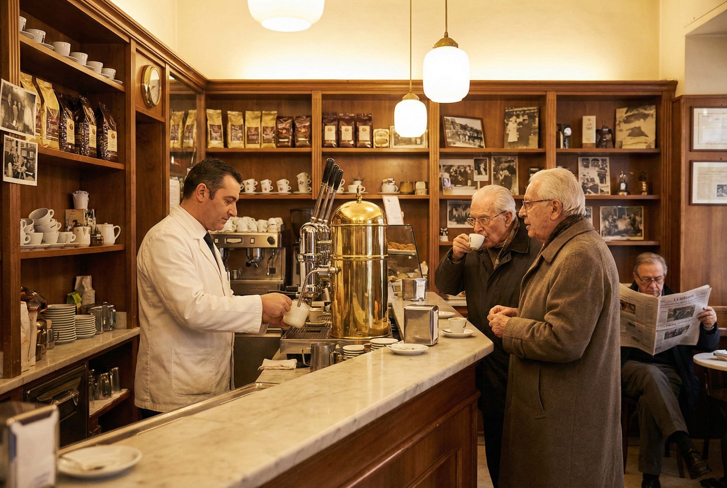 Traditional Italian coffee bar interior showing espresso machine and barista preparation area at authentic caffè serving specialty coffee drinks including macchiato and other espresso-based beverages