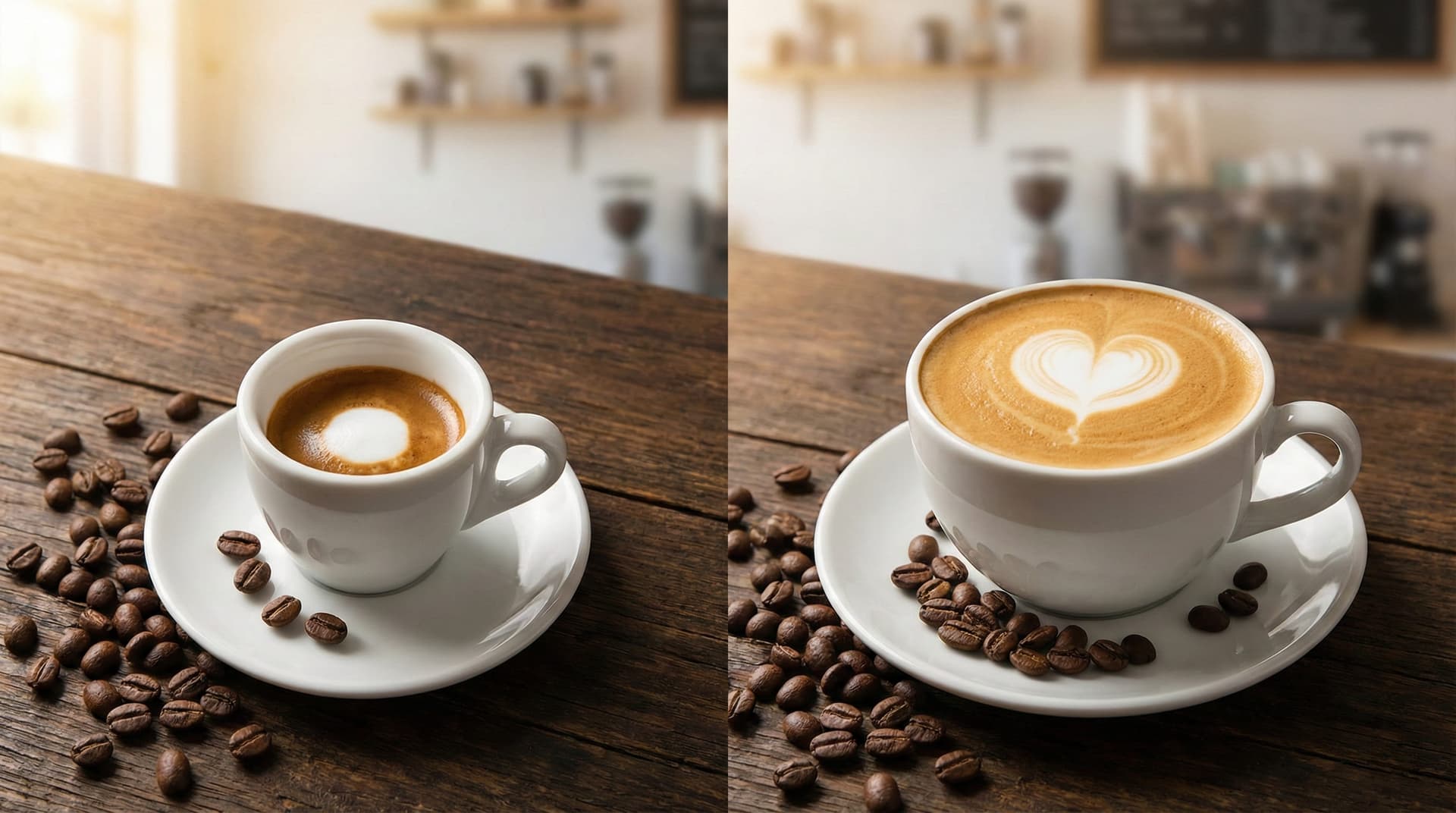 Professional barista comparison of traditional Italian macchiato and latte espresso drinks showing milk ratios and serving styles