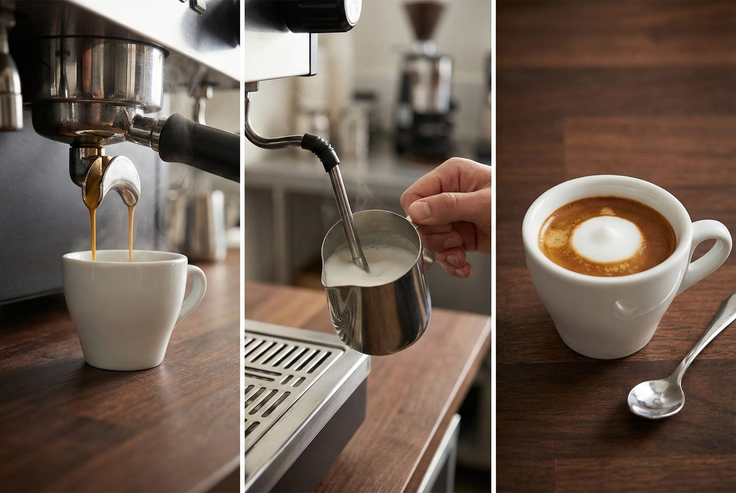 Three-step barista preparation sequence showing traditional macchiato creation with espresso extraction, milk steaming microfoam, and final espresso-based drink assembly at coffee shop