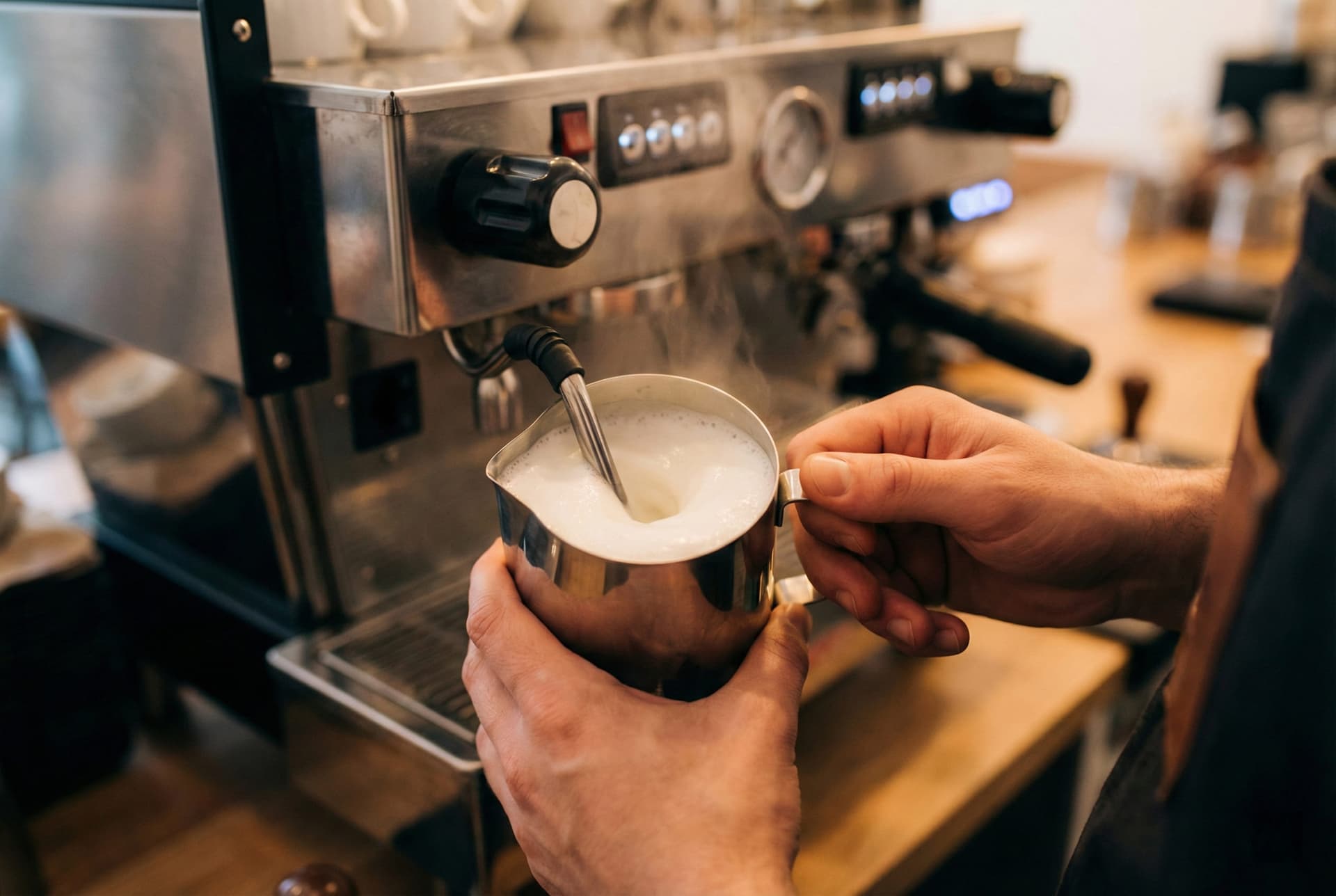 Barista steaming milk in stainless steel pitcher creating silky microfoam for latte preparation showing proper milk texturing technique for espresso-based drinks at specialty coffee shop