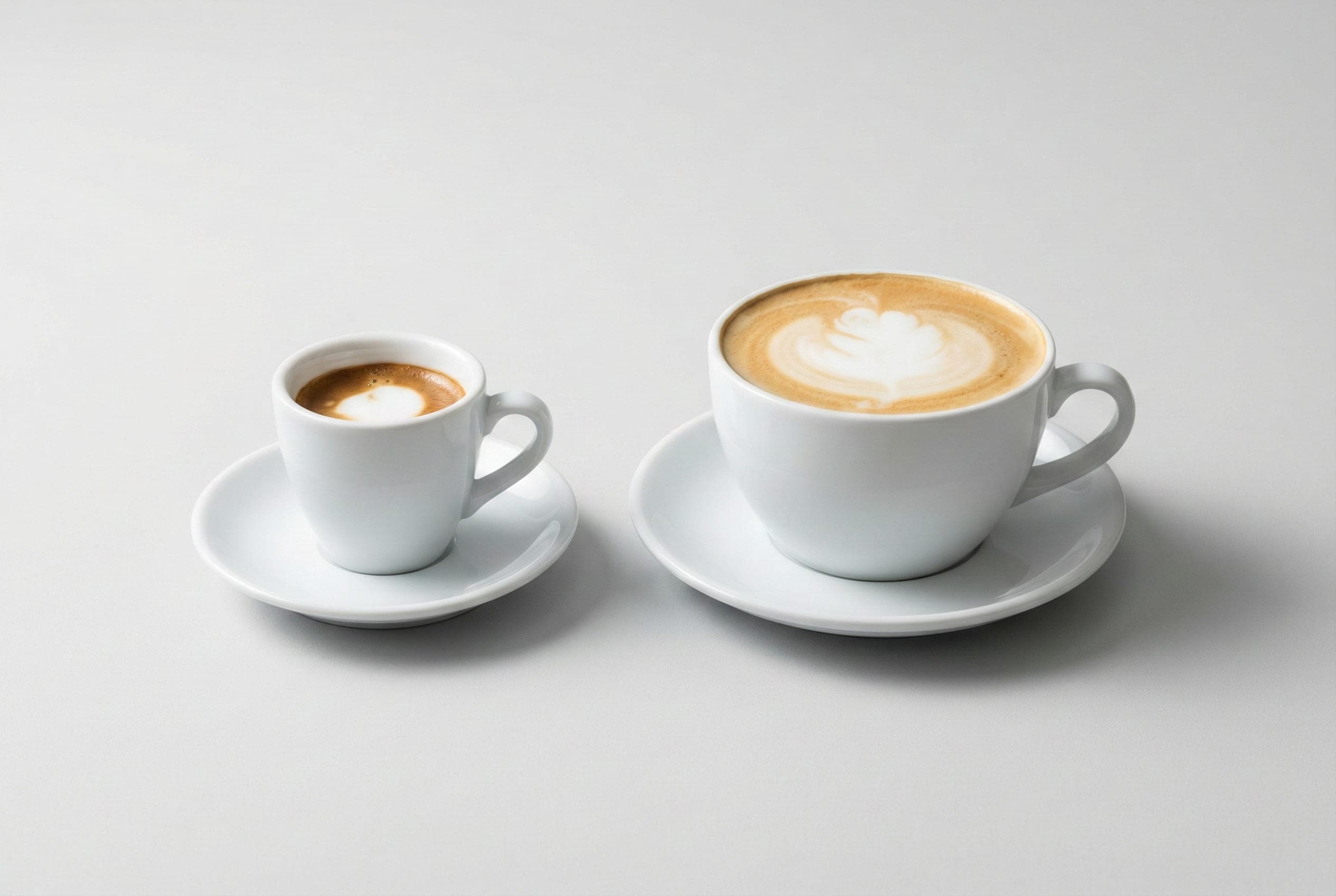 Size comparison of espresso-based drinks at coffee shop showing small traditional macchiato in demitasse cup next to larger latte in ceramic mug demonstrating milk-to-espresso ratio differences